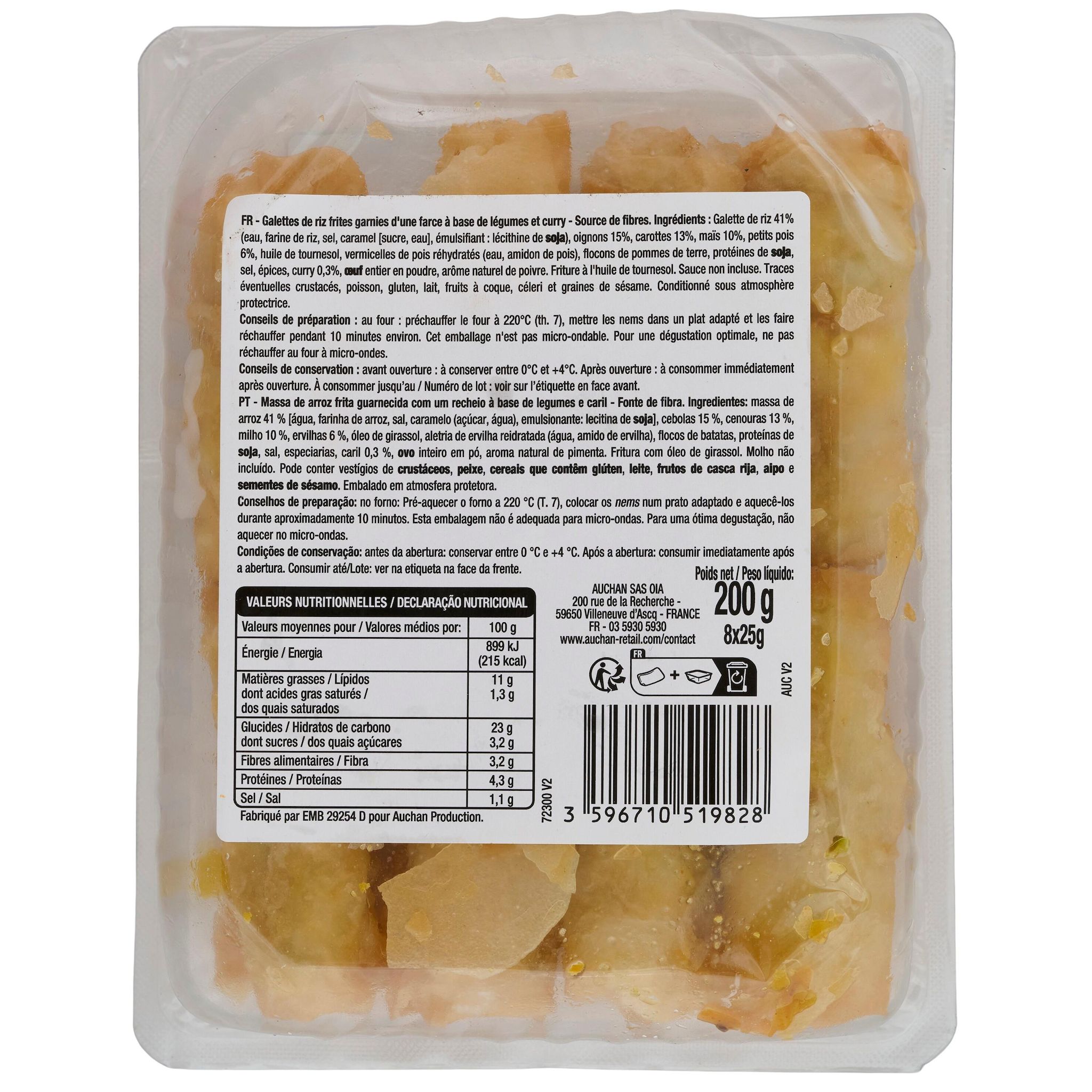 Voir la diapositive 2 : AUCHAN VERY VEGGIE Nems veggie légumes et curry 8 pièces 200g