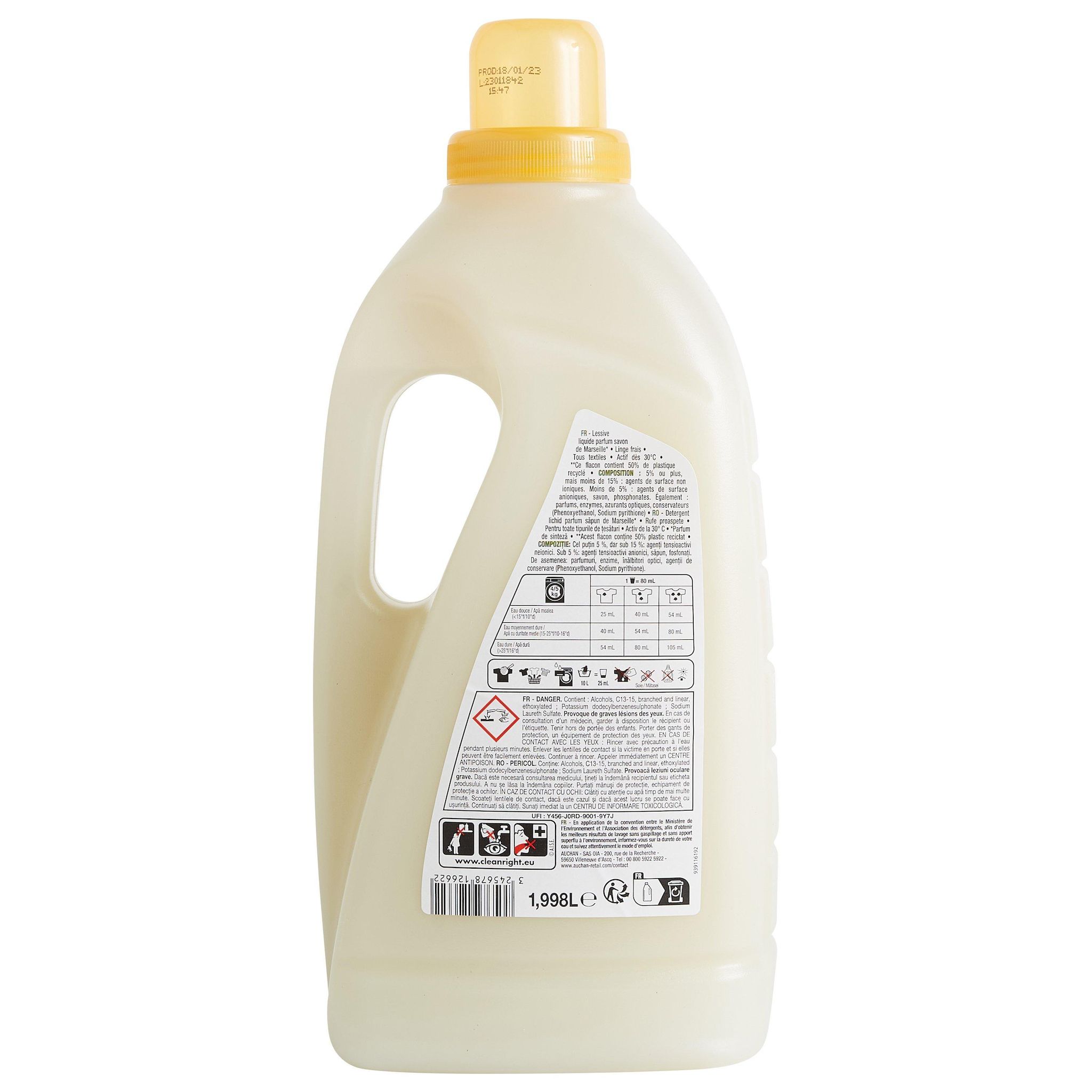 Voir la diapositive 4 : AUCHAN Lessive liquide Savon de Marseille 37 lavages 2l
