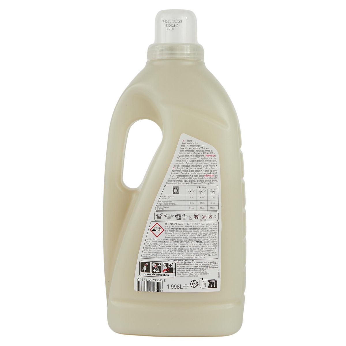 AUCHAN Lessive liquide Hypoallergénique Sensitive 37 lavages 2l