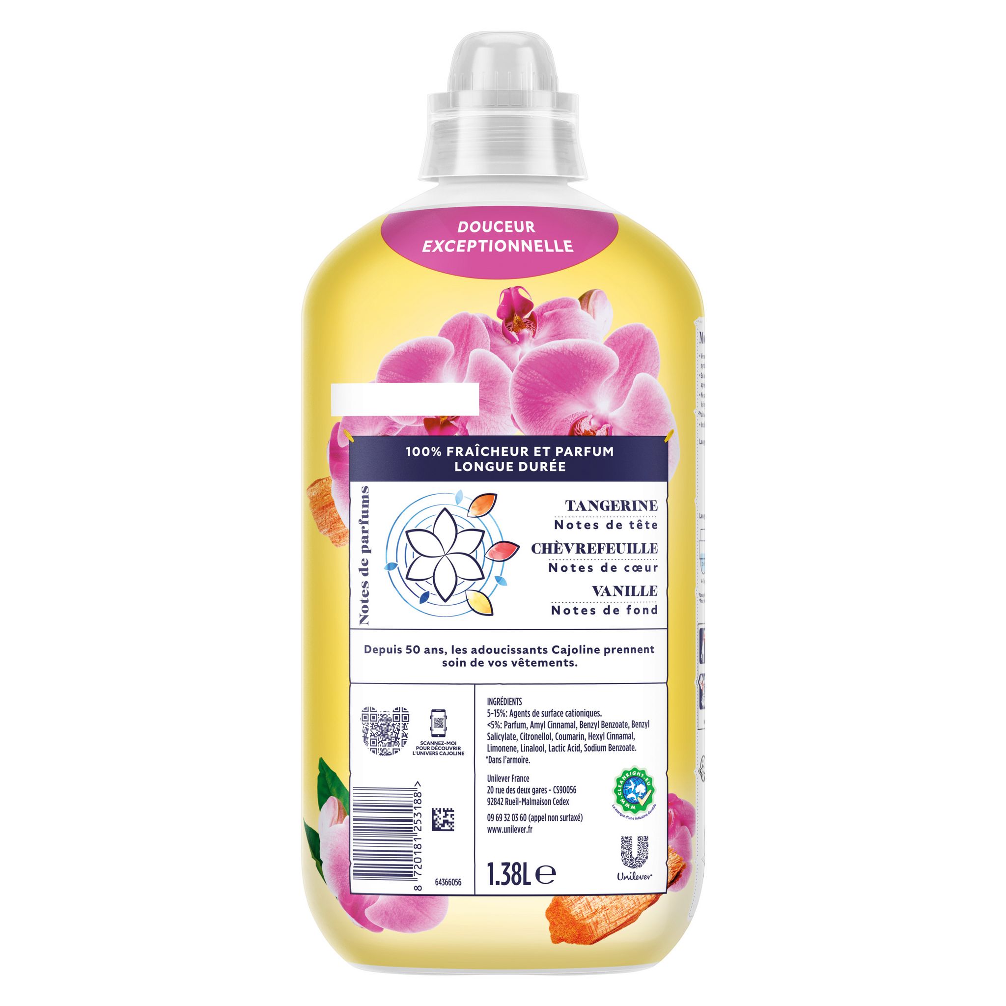 Voir la diapositive 2 : CAJOLINE Adoucissant liquide orchidées sauvages et bois de santal 60 lavages 1,38l
