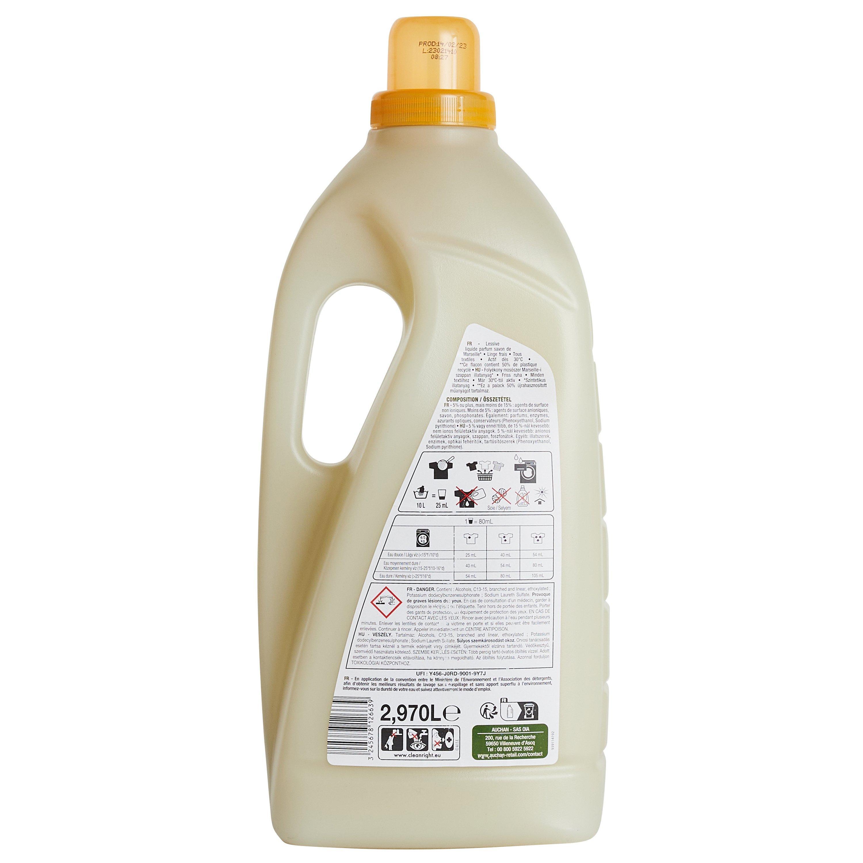 Voir la diapositive 4 : AUCHAN Lessive liquide Savon de Marseille 55 lavages 2,97l
