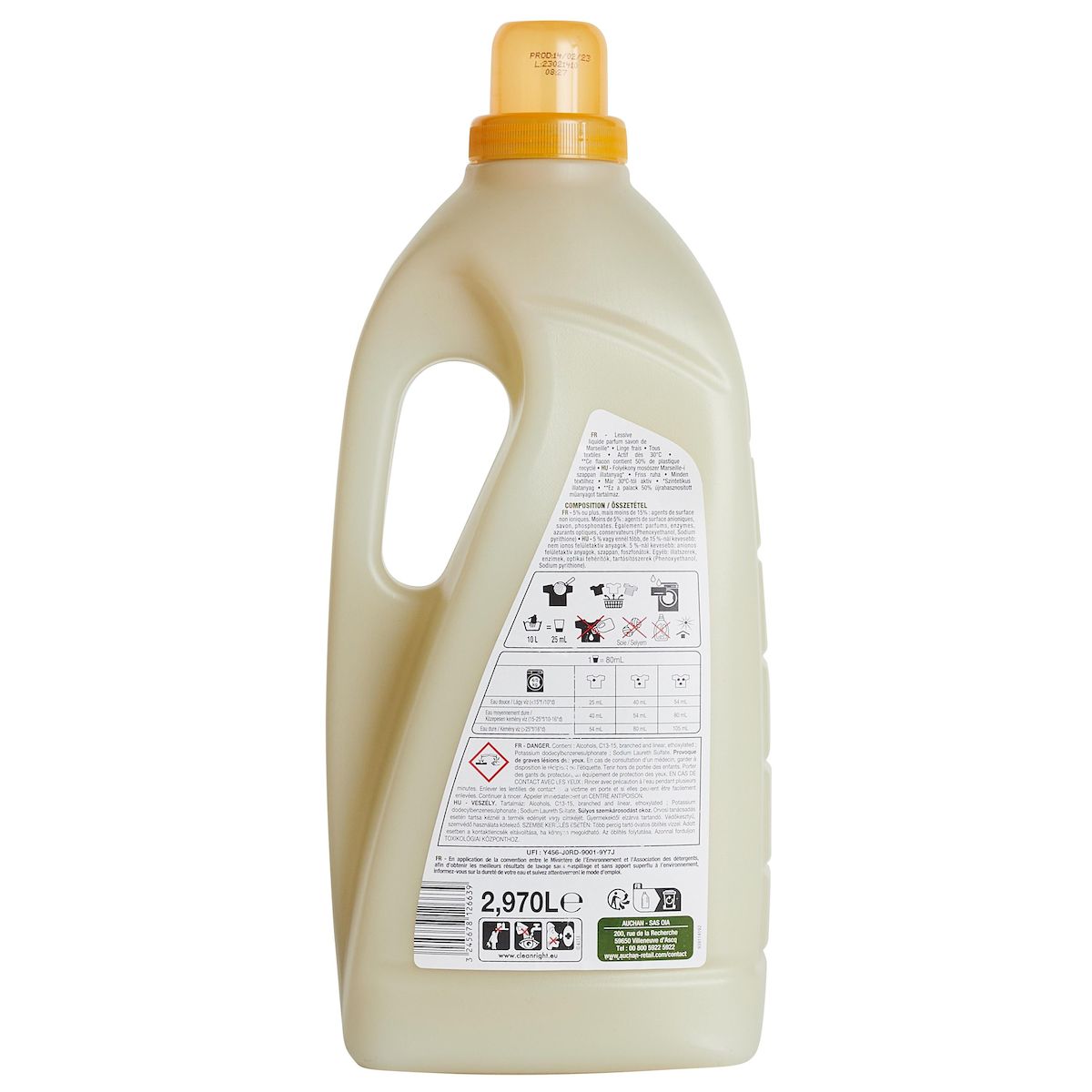 AUCHAN Lessive liquide Savon de Marseille 55 lavages 2,97l