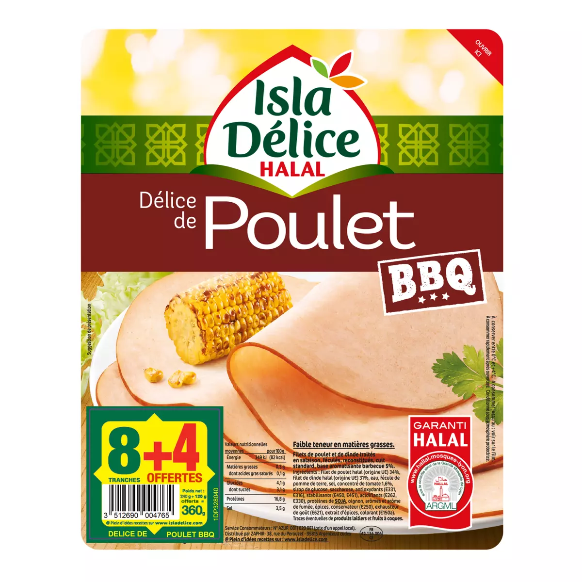 ISLA DELICE Délice de poulet barbecue halal 8 tranches + 4 offertes 360g