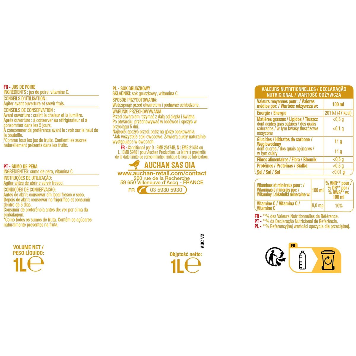 AUCHAN Pur jus de poire 1l