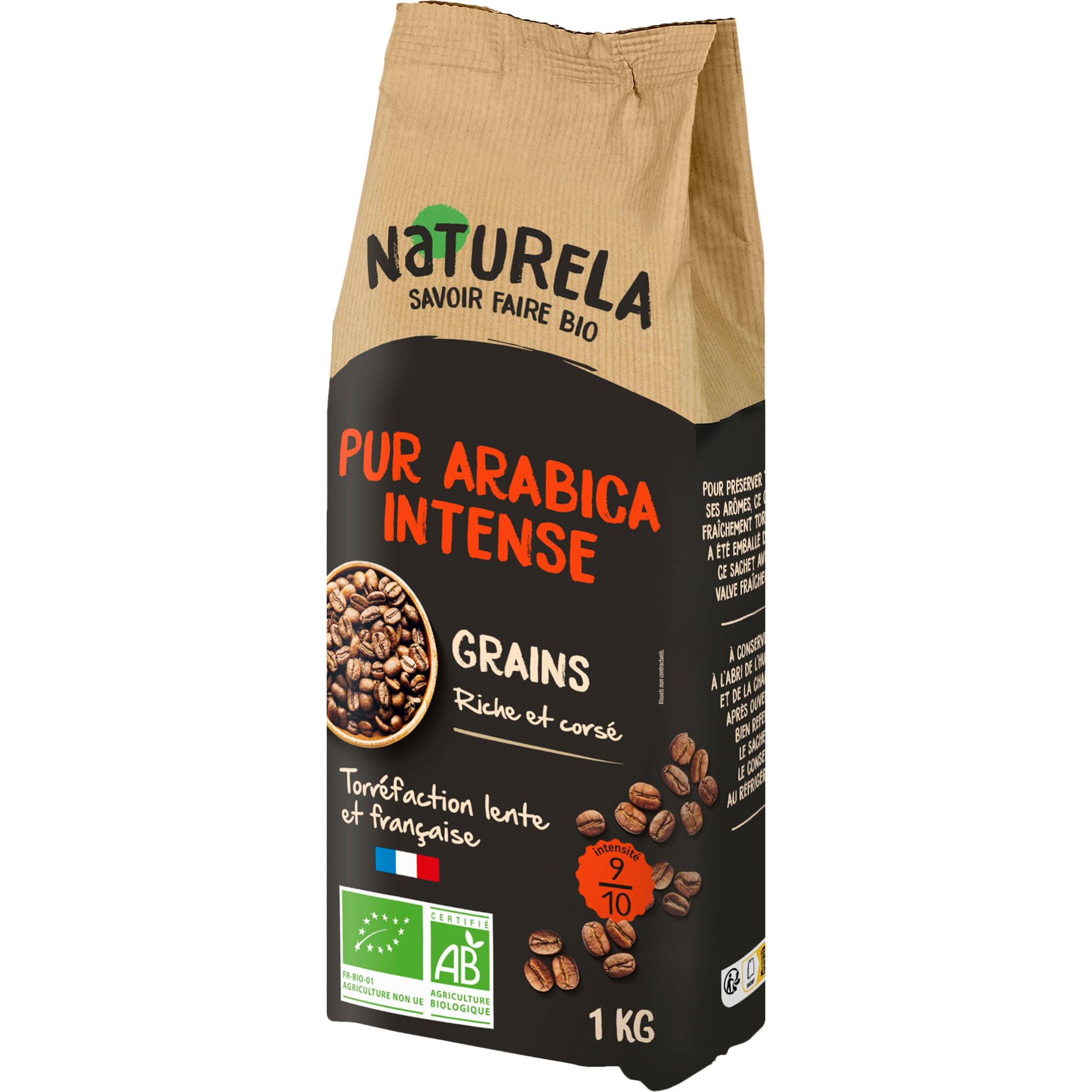 Voir la diapositive 2 : NATURELA Café bio en grains pur arabica intense intensité 9 1kg