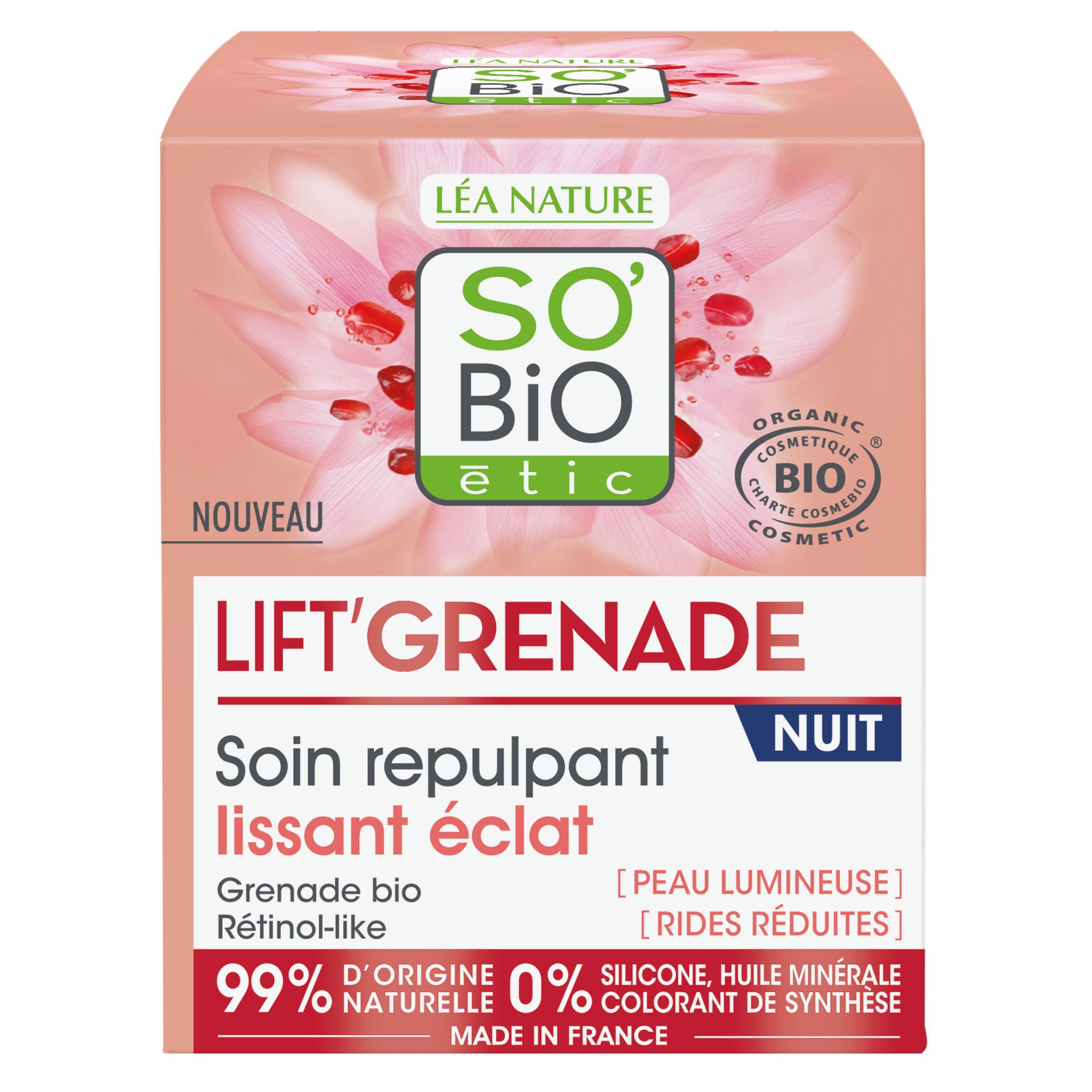 Voir la diapositive 2 : SO BIO ETIC Soin repulpant nuit lift'grenade lissant éclat 50ml