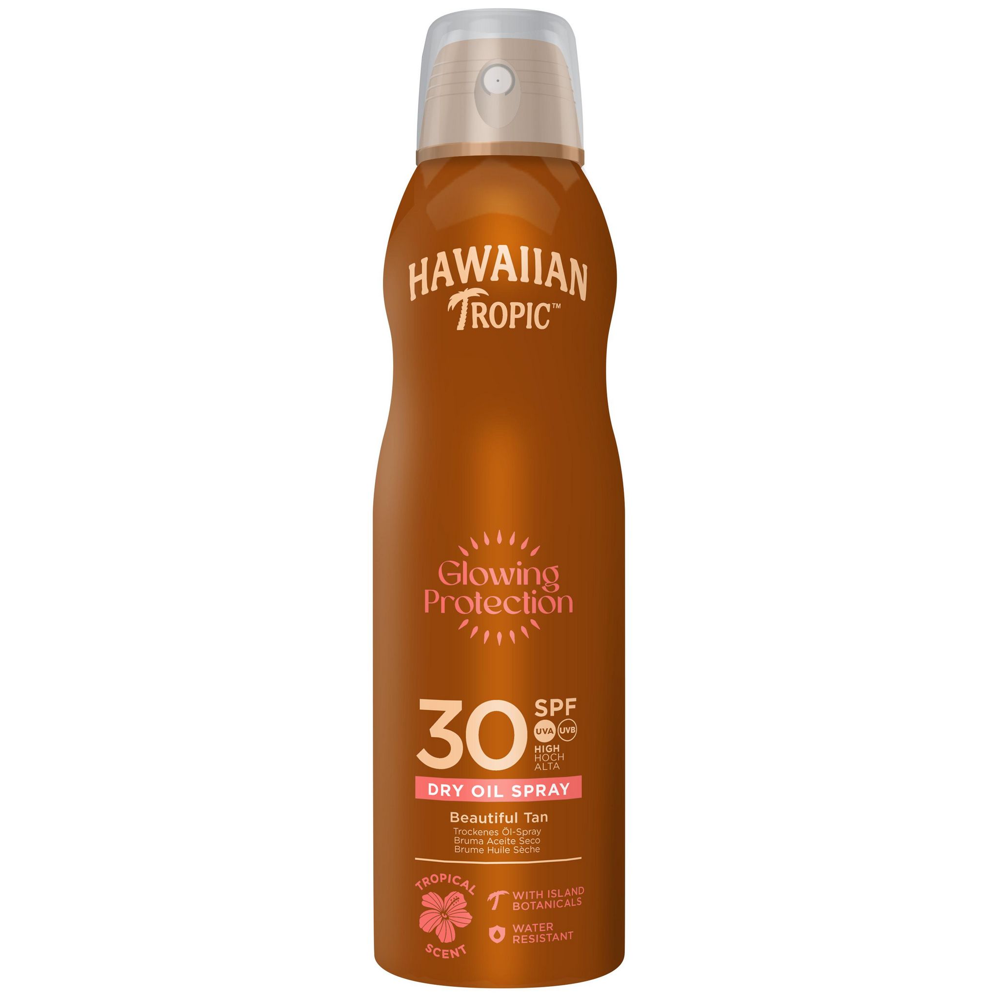 Voir la diapositive 2 : HAWAIIAN TROPIC Glowing Protection Brume huile sèche SPF30 spray 180ml