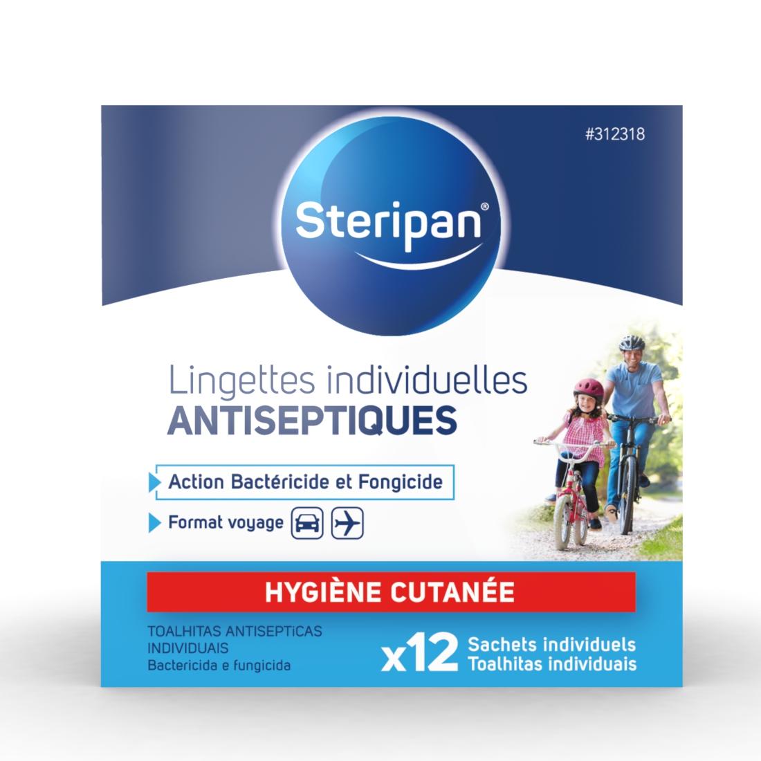 STERIPAN Lingettes individuelles antiseptiques hygiène cutanée 12 sachets individuels