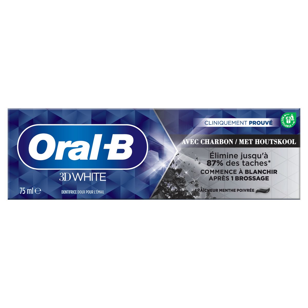 ORAL-B 3D White avec charbon fraicheur menthe poivrée 75ml