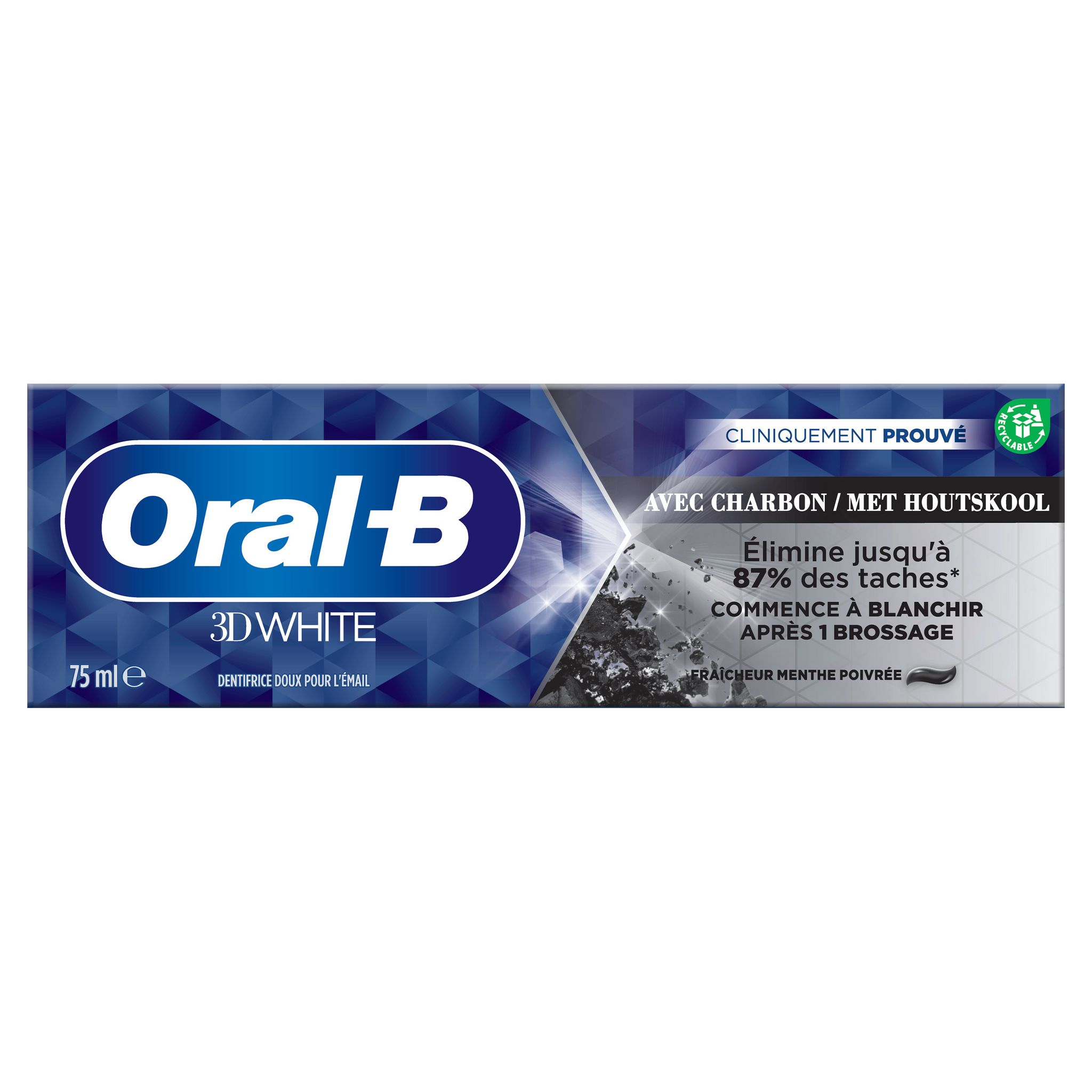 Voir la diapositive 2 : ORAL-B 3D White avec charbon fraicheur menthe poivrée 75ml