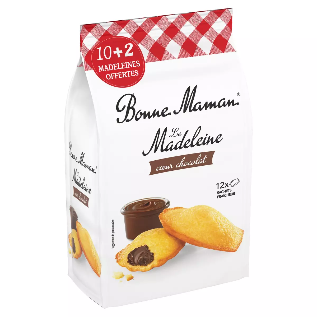 BONNE MAMAN La Madeleine coeur au chocolat en sachet individuel 10 sachets  + 2 offerts 360g pas cher 