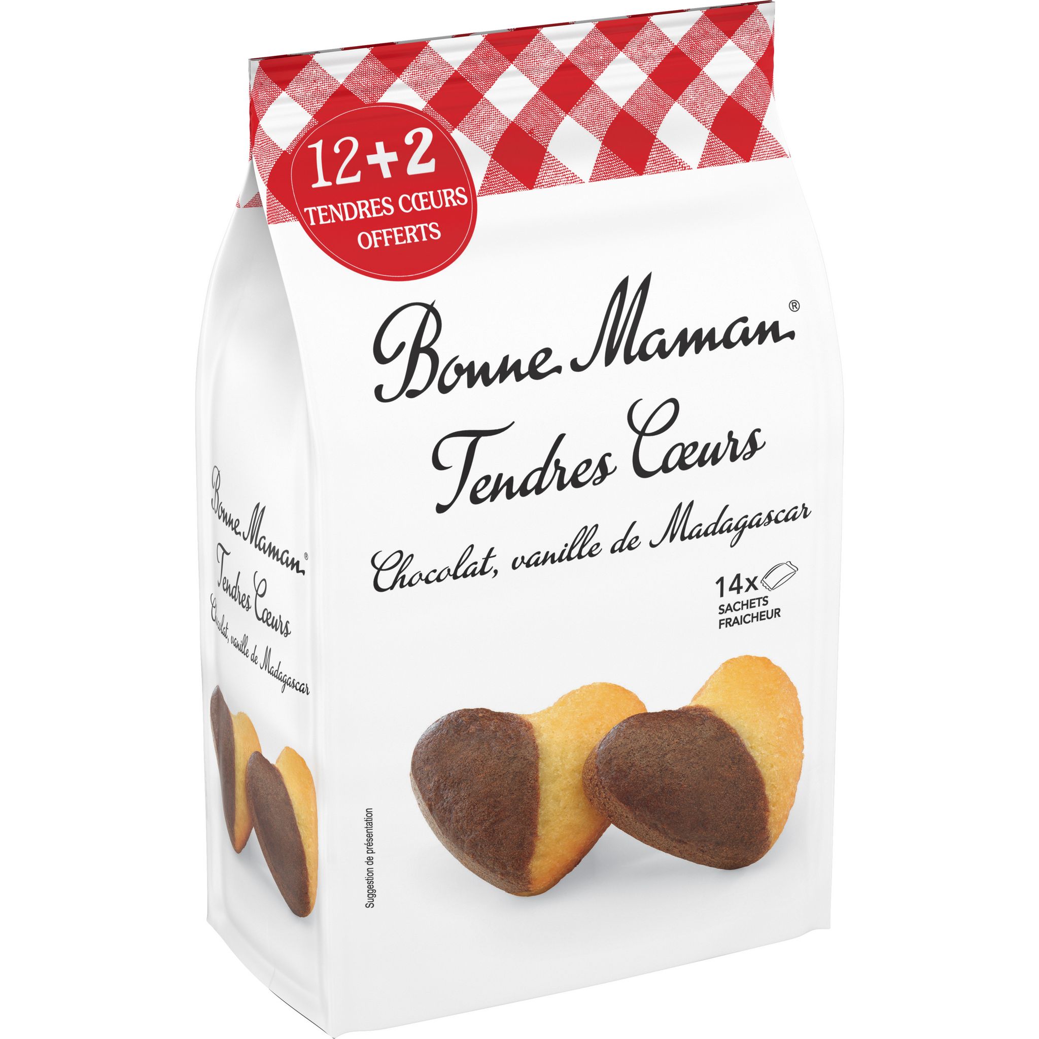 BONNE MAMAN Tendres cœurs chocolat vanille de Madagascar sachets fraîcheur 12+2 offerts 350g
