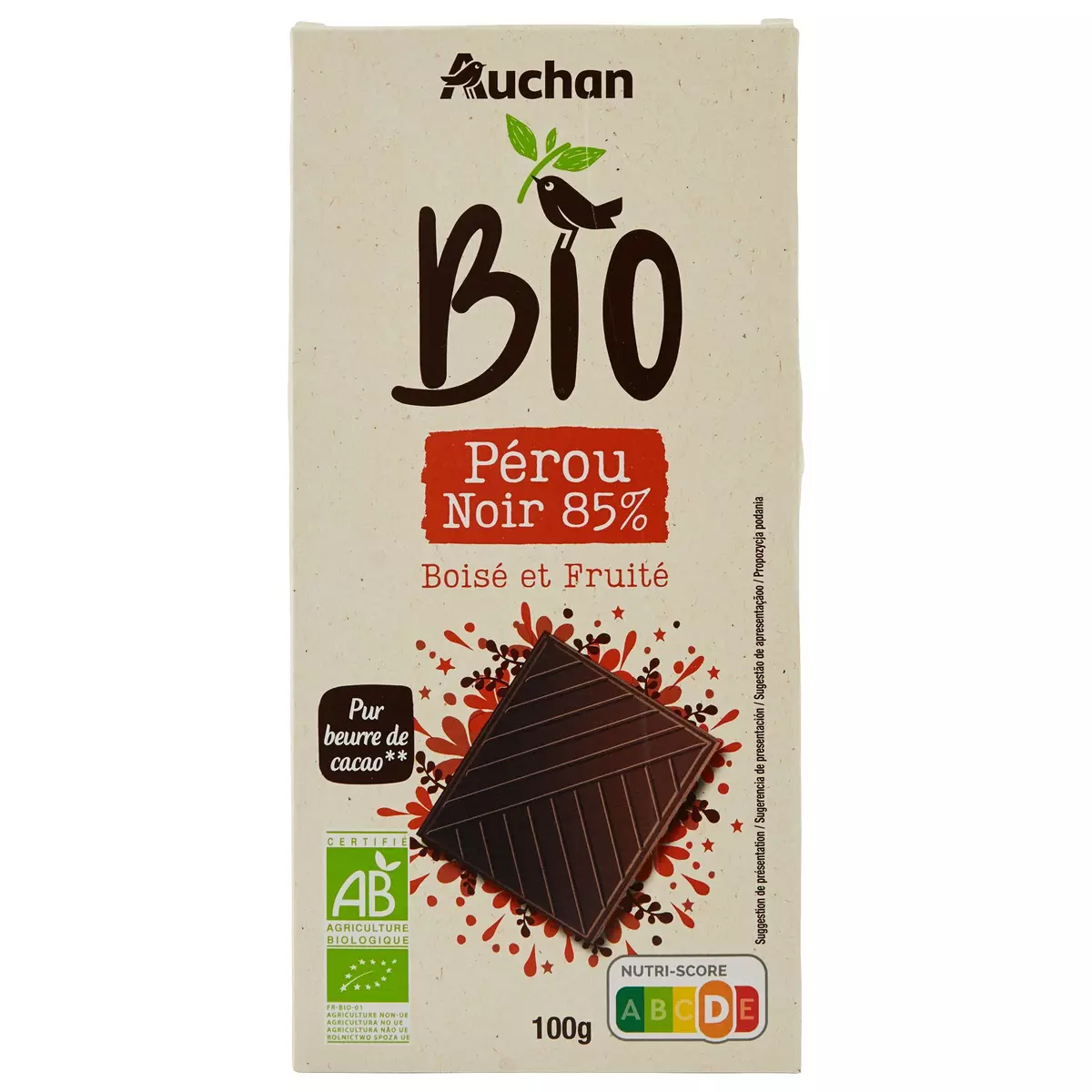 AUCHAN BIO Tablette de chocolat noir 85% Pérou 1 pièce 100g