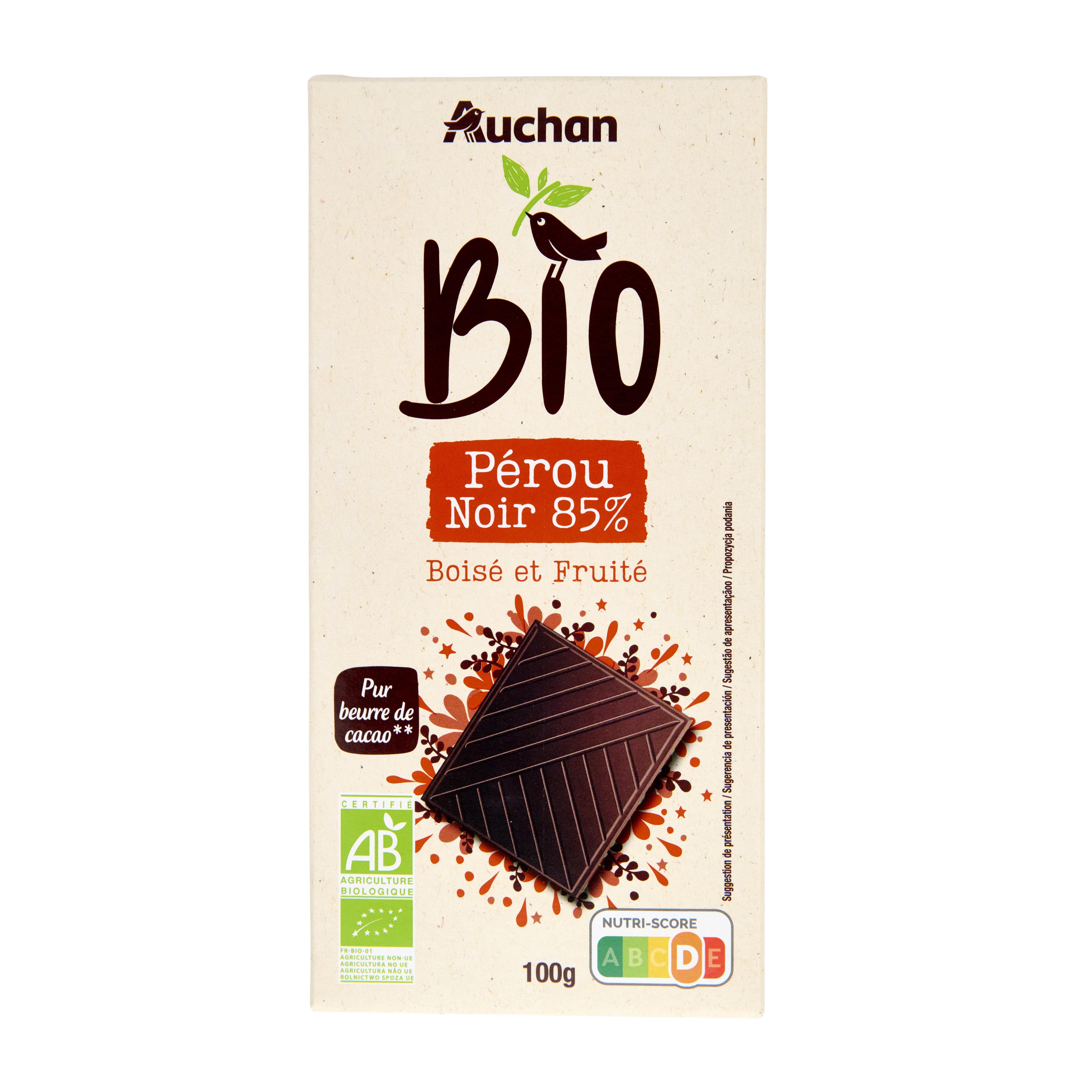 Voir la diapositive 2 : AUCHAN BIO CULTIVONS LE BON Tablette de chocolat noir 85% cacao Pérou boisé et fruité 1 pièce 100g