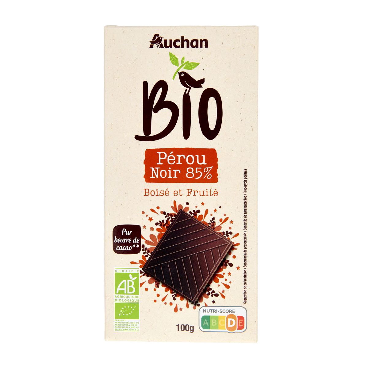 AUCHAN BIO CULTIVONS LE BON Tablette de chocolat noir 85% cacao Pérou boisé et fruité 1 pièce 100g