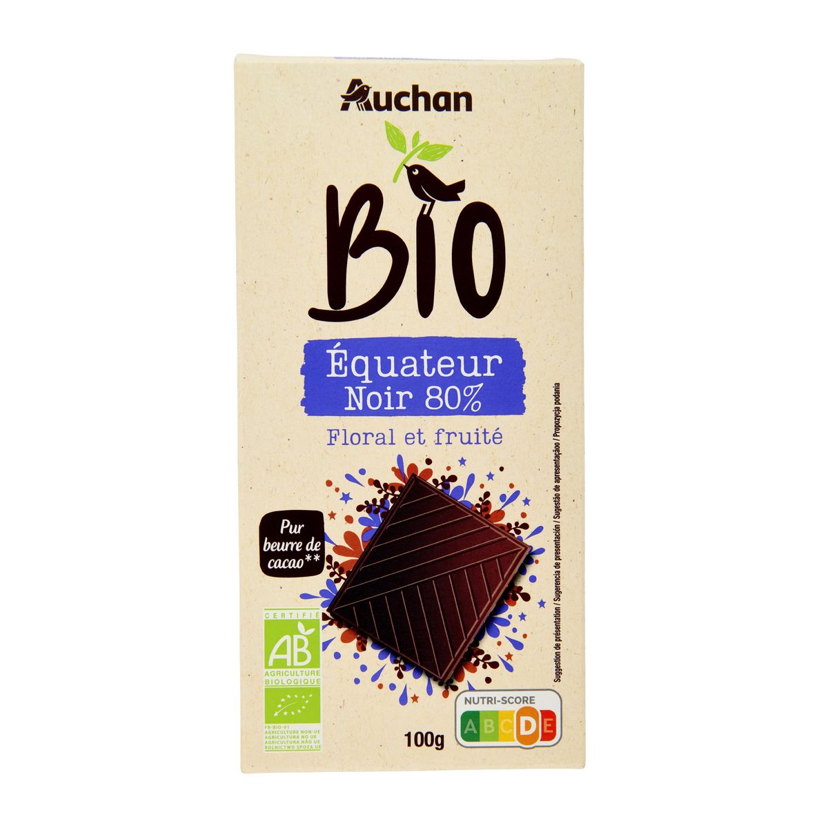 AUCHAN BIO CULTIVONS LE BON Tablette de chocolat noir 80% cacao Equateur 1 pièce 100g