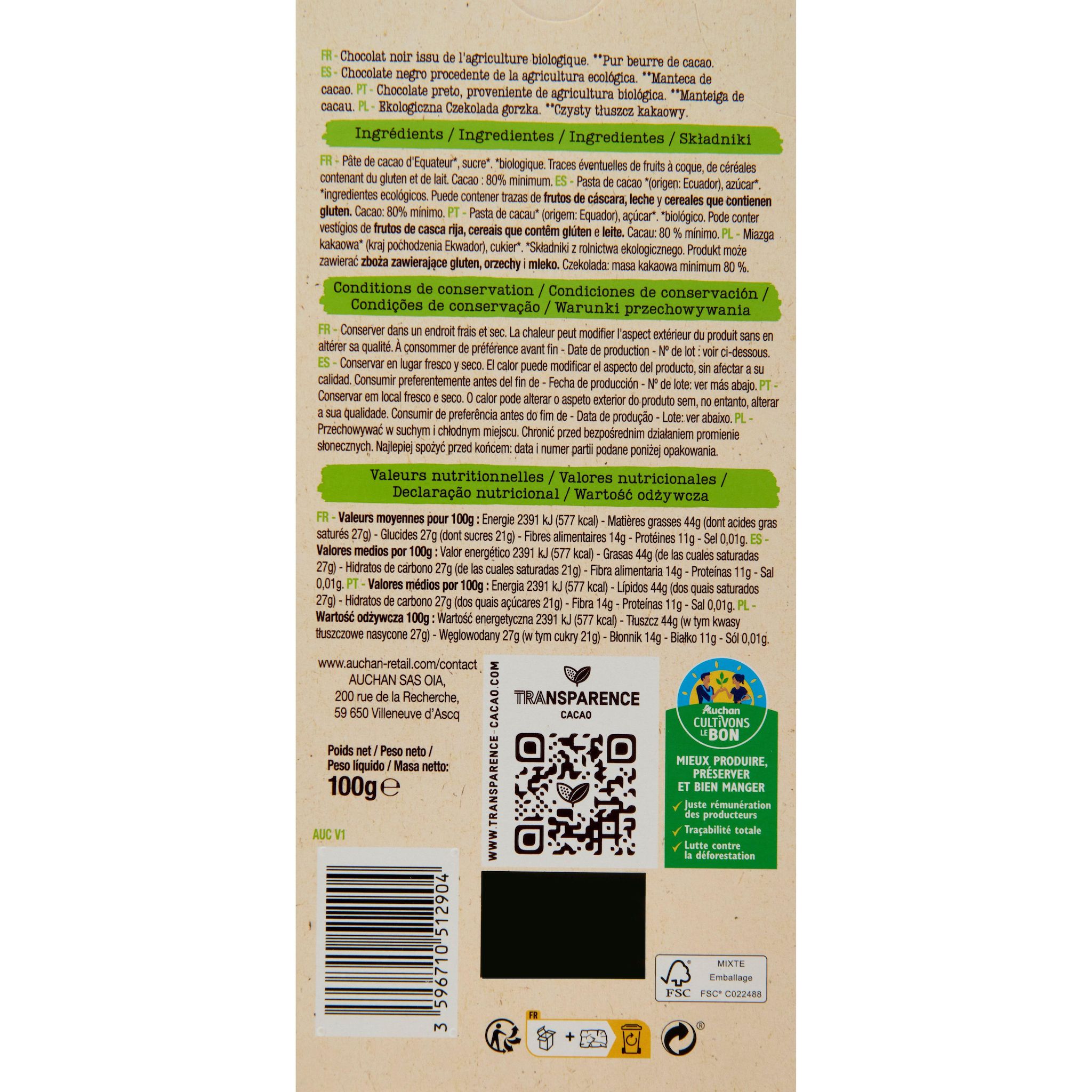 Voir la diapositive 2 : AUCHAN BIO CULTIVONS LE BON Tablette de chocolat noir 80% pur beurre de cacao d'Equateur bio 100g