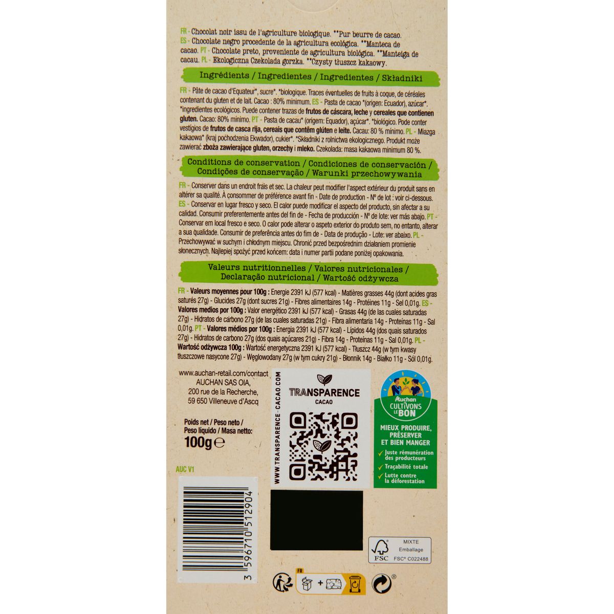 AUCHAN BIO CULTIVONS LE BON Tablette de chocolat noir 80% cacao Equateur 1 pièce 100g