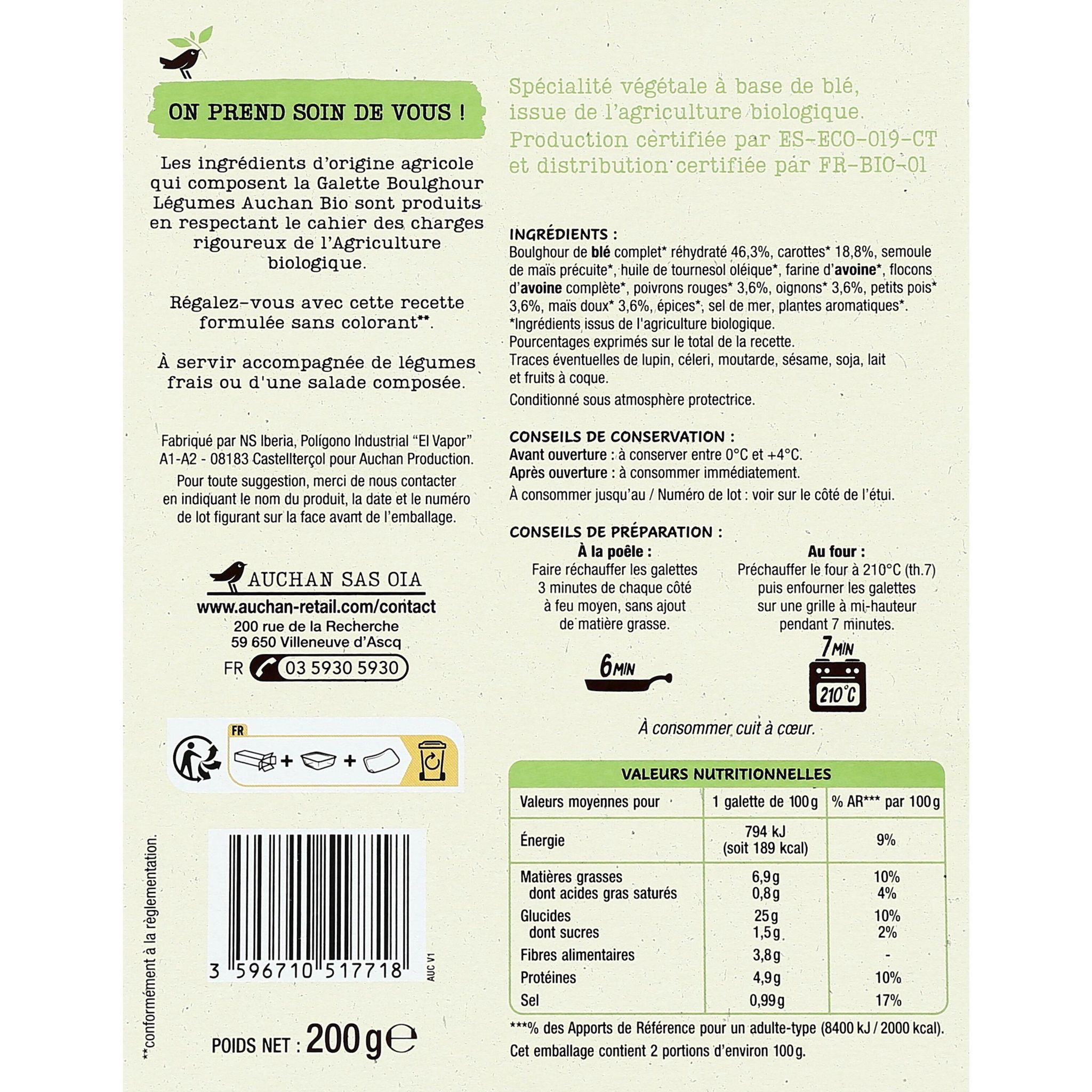 Voir la diapositive 2 : AUCHAN BIO Galette boulghour légumes 2 pièces 200g