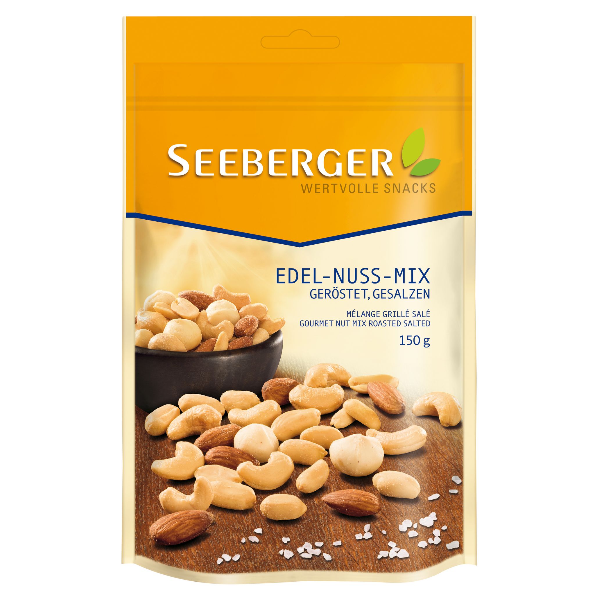 Voir la diapositive 2 : SEEBERGER Mélange grillé salé cacahuètes noix de cajous amandes et noix de macadamia 150g