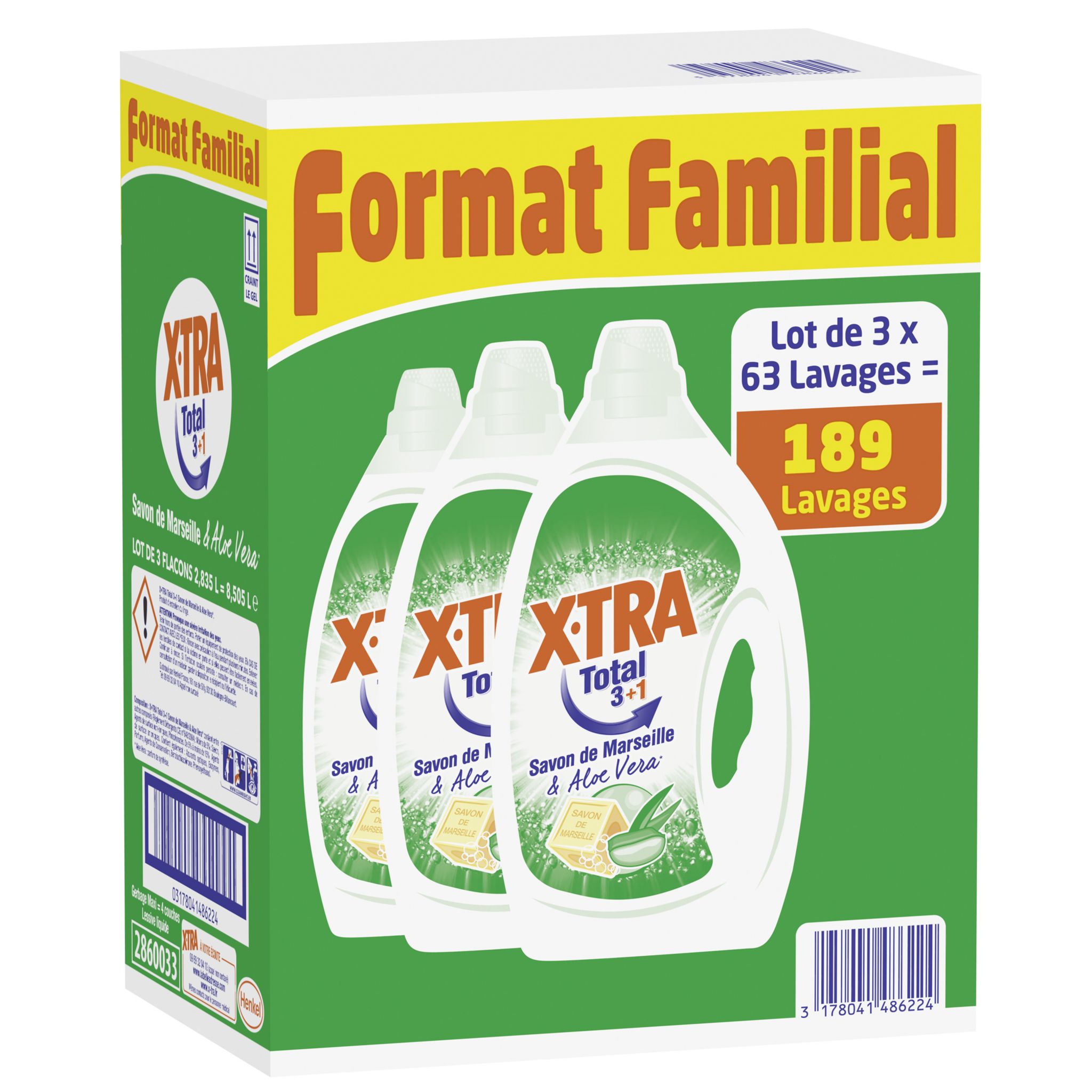 X-TRA Total 3+1 Lessives liquides savon de Marseille et Aloe vera 3x63 ...