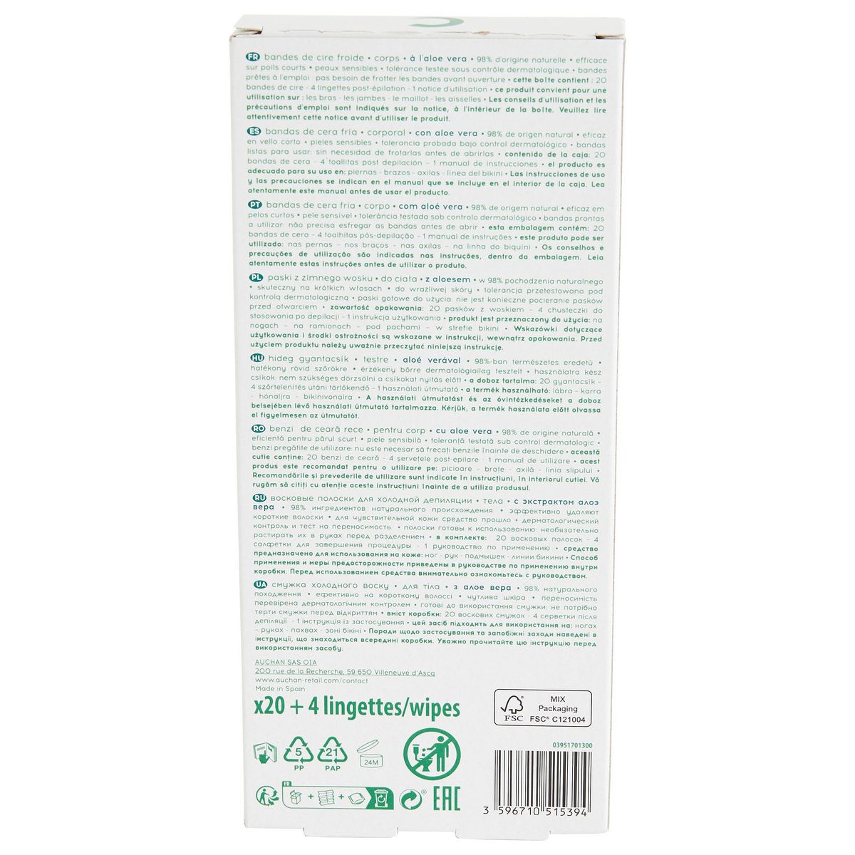 COSMIA Bandes de cire froide corps peaux sensibles 20 bandes