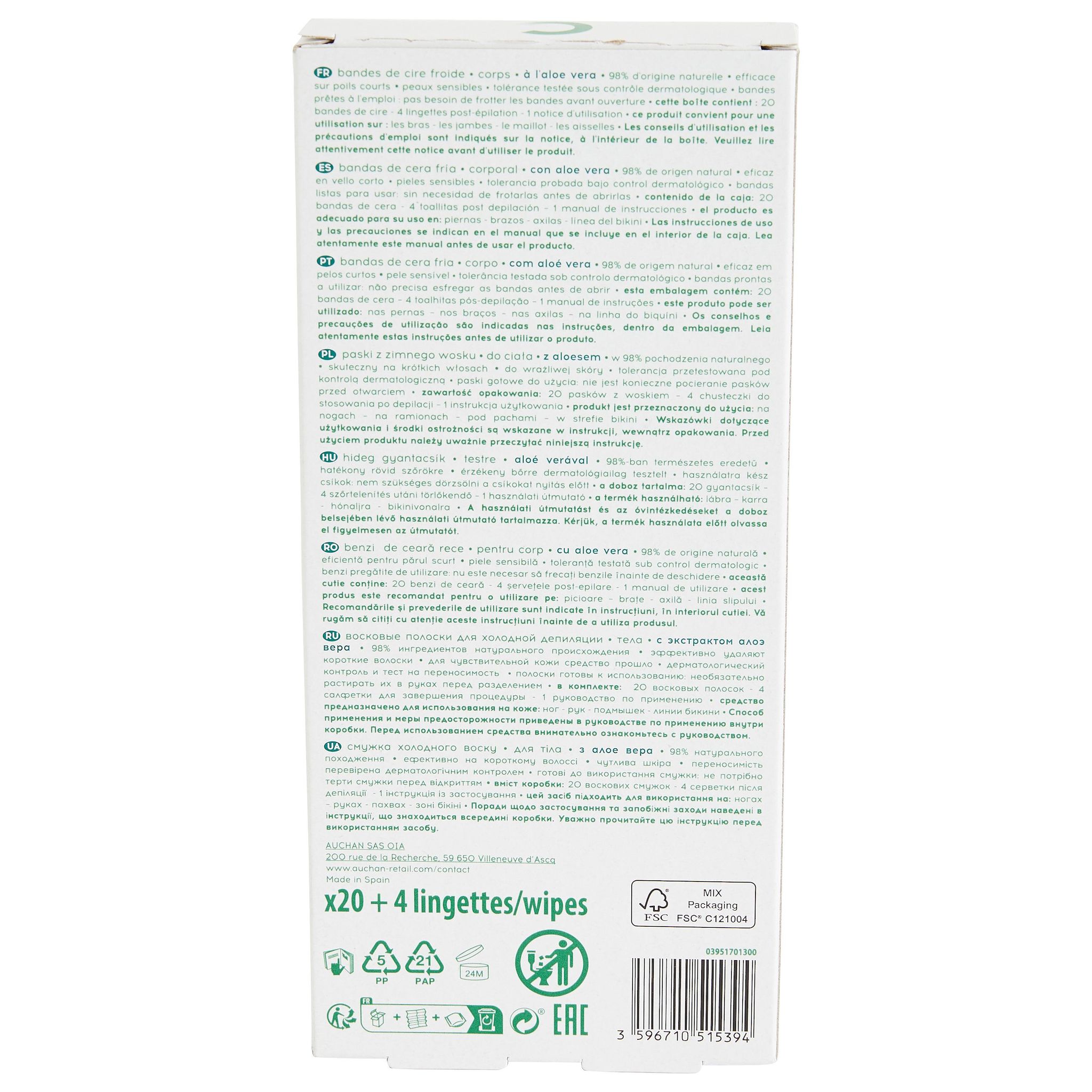 Voir la diapositive 4 : COSMIA Bandes de cire froide corps peaux sensibles 20 bandes