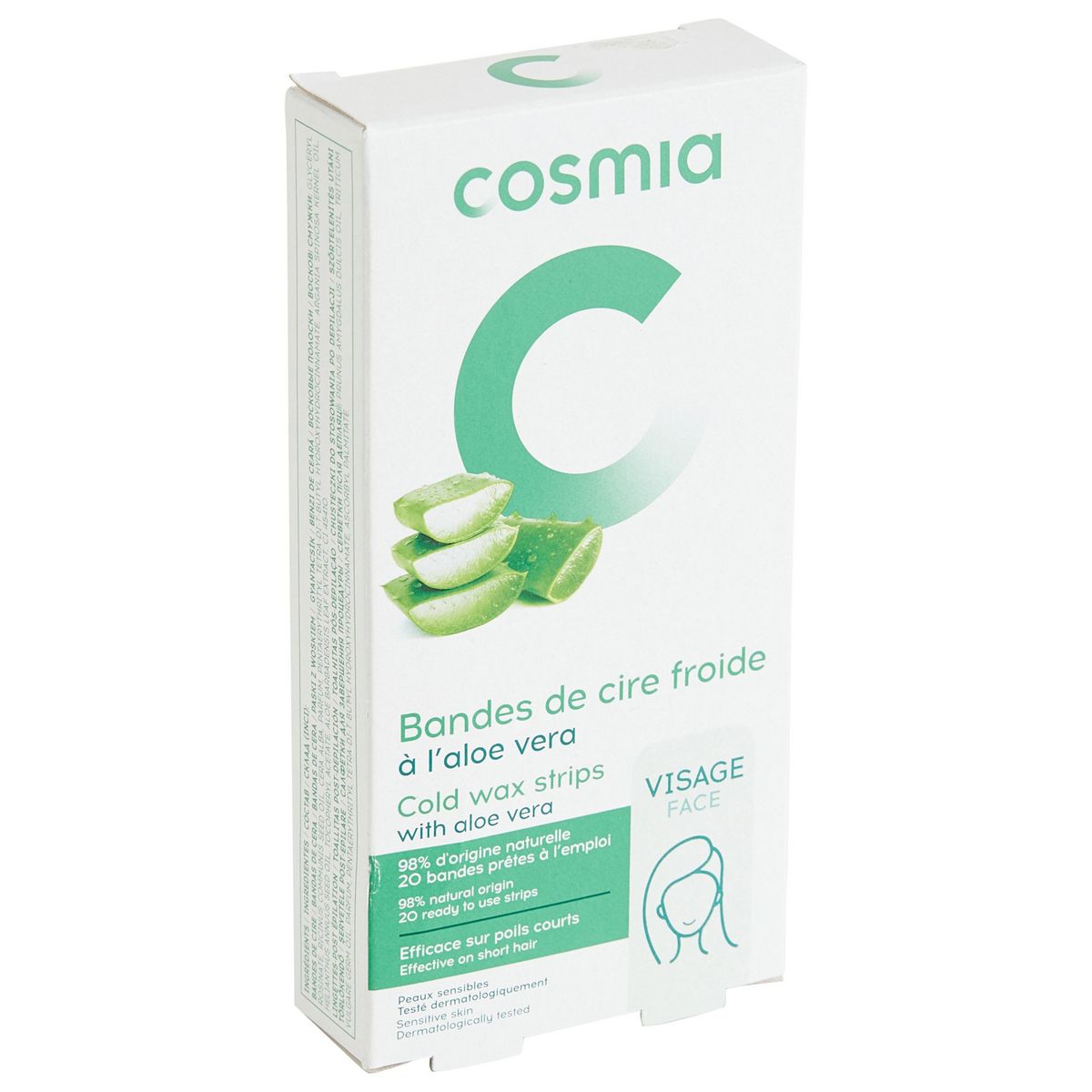 COSMIA Bandes de cire froide à l'aloe vera visage pour peaux sensibles 20 bandes