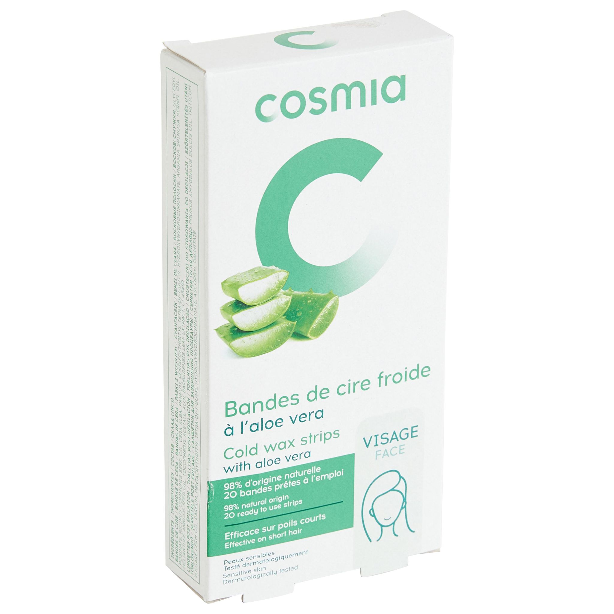 Voir la diapositive 3 : COSMIA Bandes de cire froide à l'aloe vera visage pour peaux sensibles 20 bandes