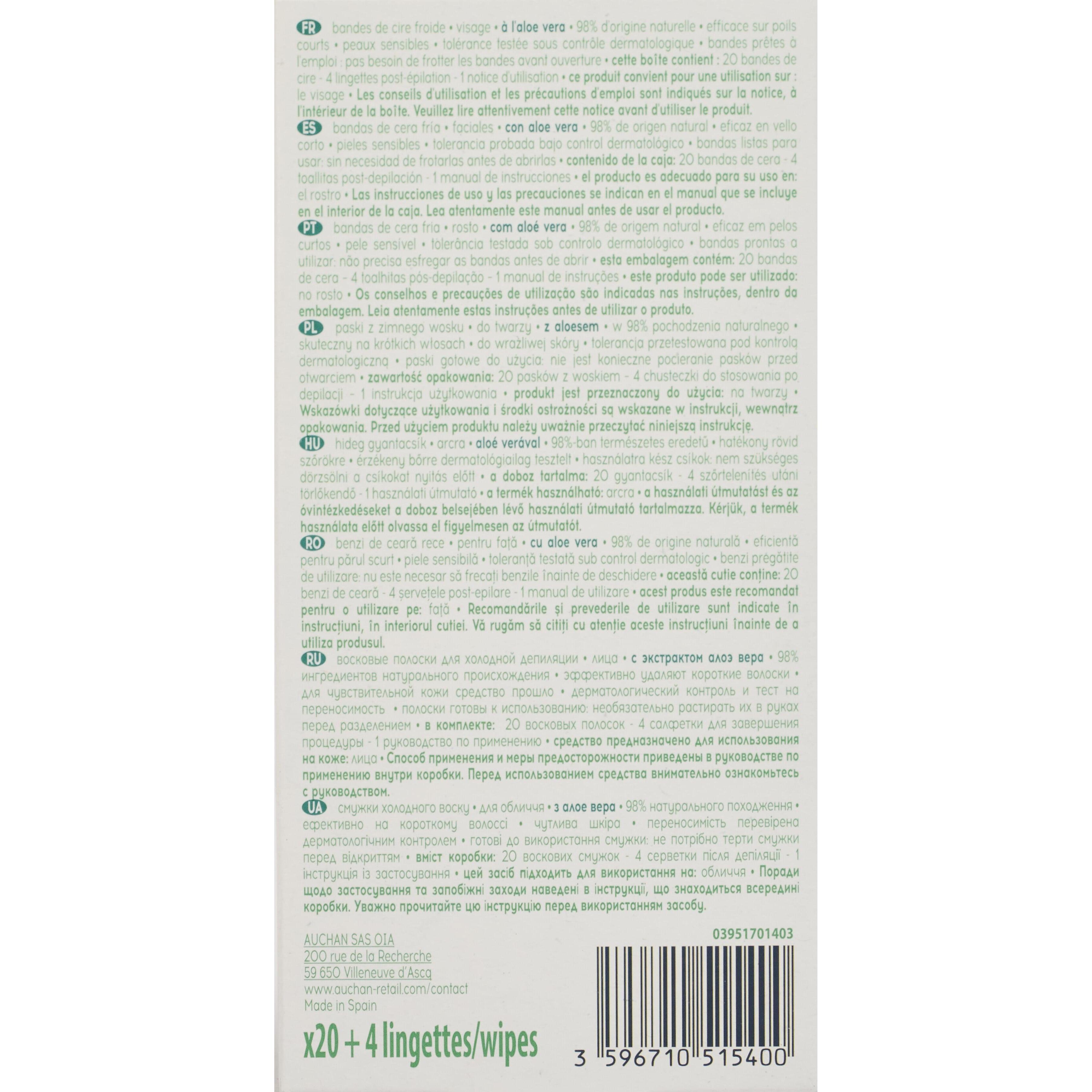 Voir la diapositive 4 : COSMIA Bandes de cire froide à l'aloe vera visage pour peaux sensibles 20 bandes