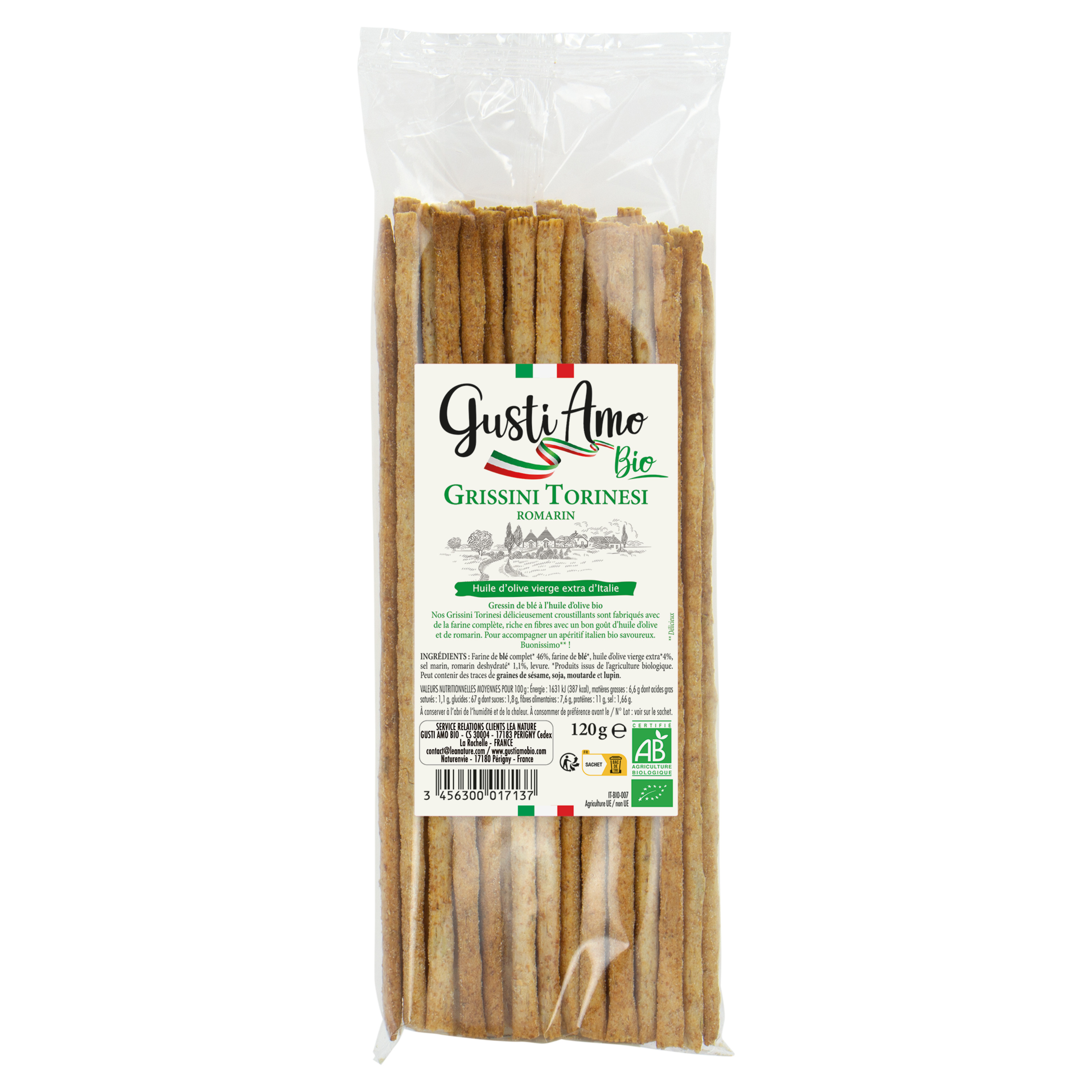 GUSTI AMO Grissini Torinesi romarin gressin de blé à l'huile d'olive bio 120g