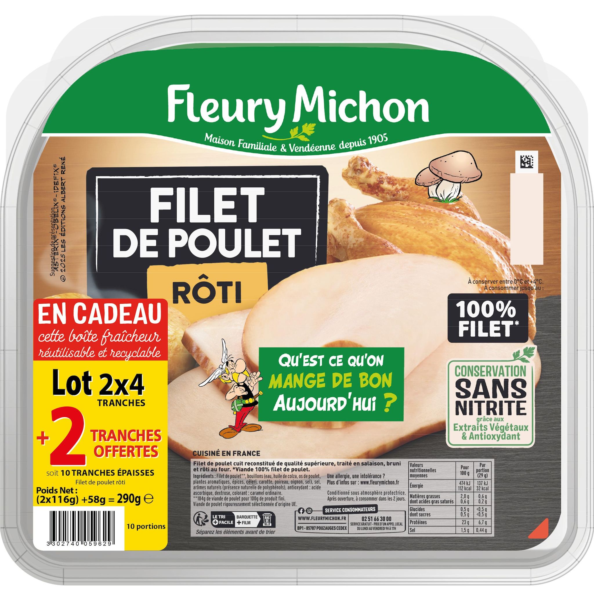 FLEURY MICHON B comme Bon Filet de poulet rôti sans nitrite 2x4 tranches + 2 offertes 290g