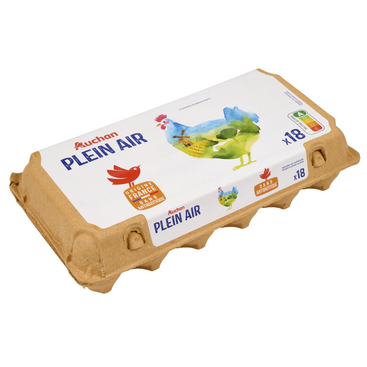 AUCHAN Oeufs de poules élevées en plein air sans antibiotique 18 pièces
