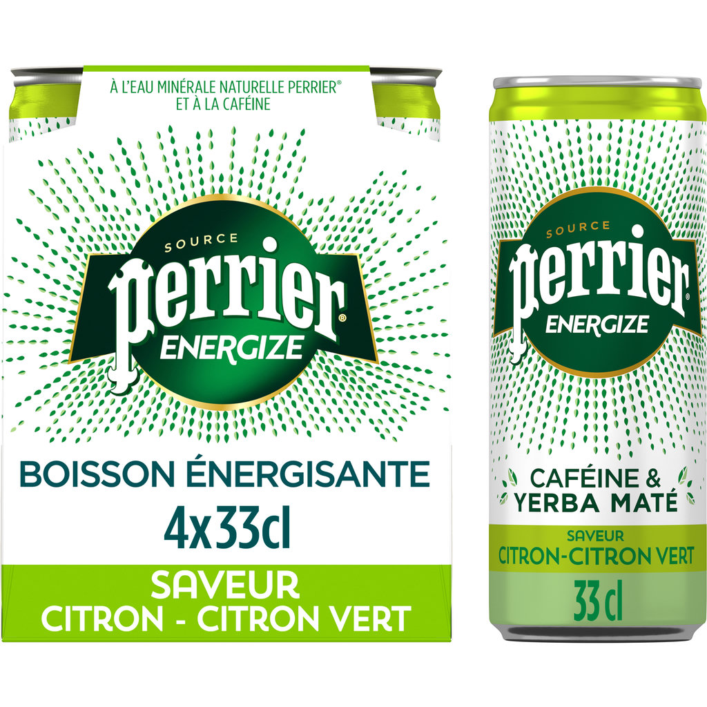 PERRIER Eau minérale gazeuse Energize bio aromatisée citron et citron vert boîtes 4x33cl