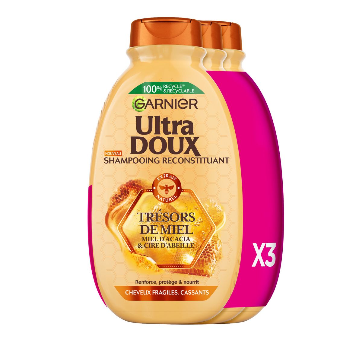 GARNIER ULTRA DOUX Shampooing reconstituant au miel d'acacia et cire d'abeille pour cheveux fragiles cassants 3x300ml