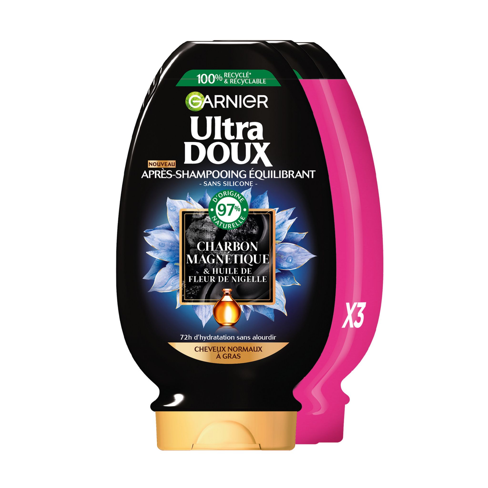 GARNIER ULTRA DOUX Après shampooing charbon magnétique 3x200ml