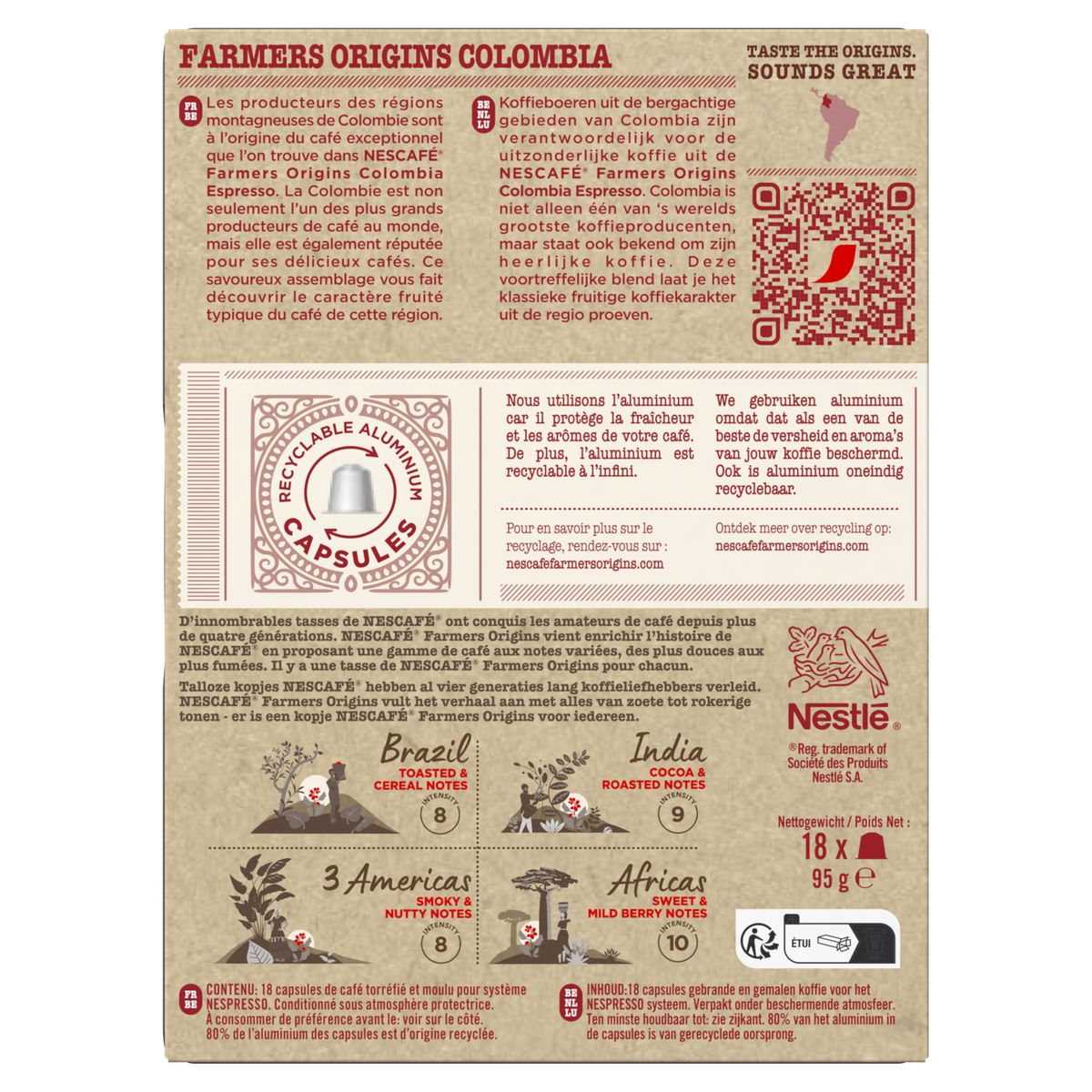 NESCAFE Capsules de café expresso Farmers Origins Colombia compatibles Nespresso 18 capsules 95g