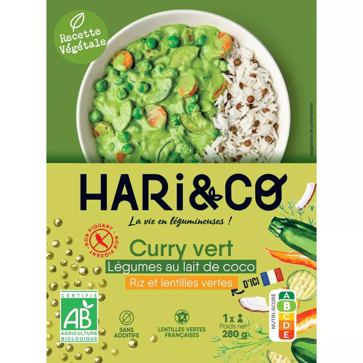 HARI&CO Curry vert légumes au lait de coco riz et lentilles vertes bio 1 portion 280g