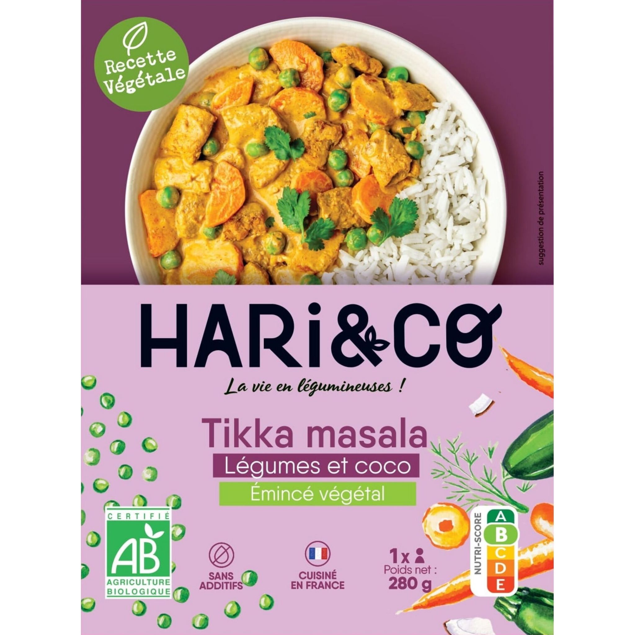 Voir la diapositive 2 : HARI&CO Emincé végétal tikka masala légumes et coco 1 part 280g