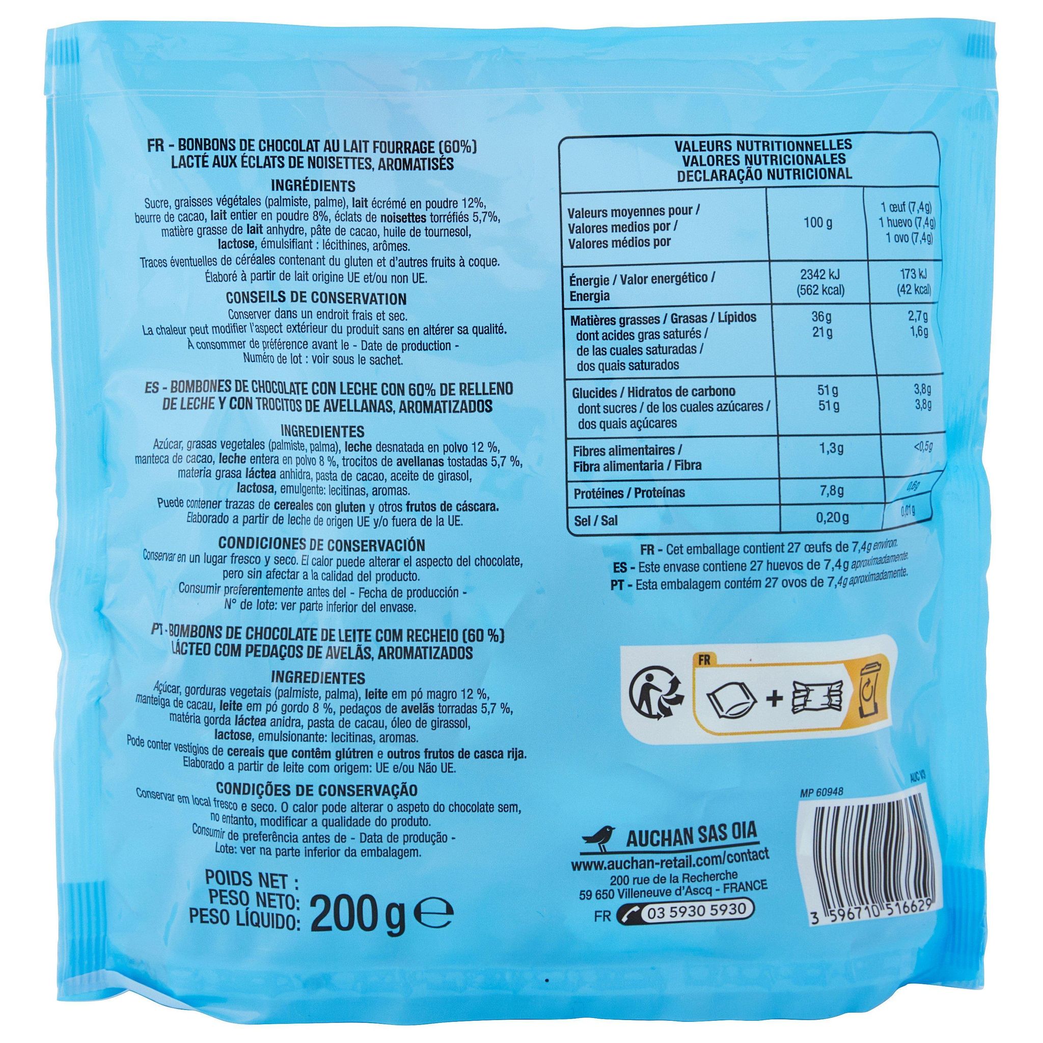 Voir la diapositive 2 : AUCHAN Œufs en chocolat fourrés au lait et éclats de noisettes environ 26 œufs 200g