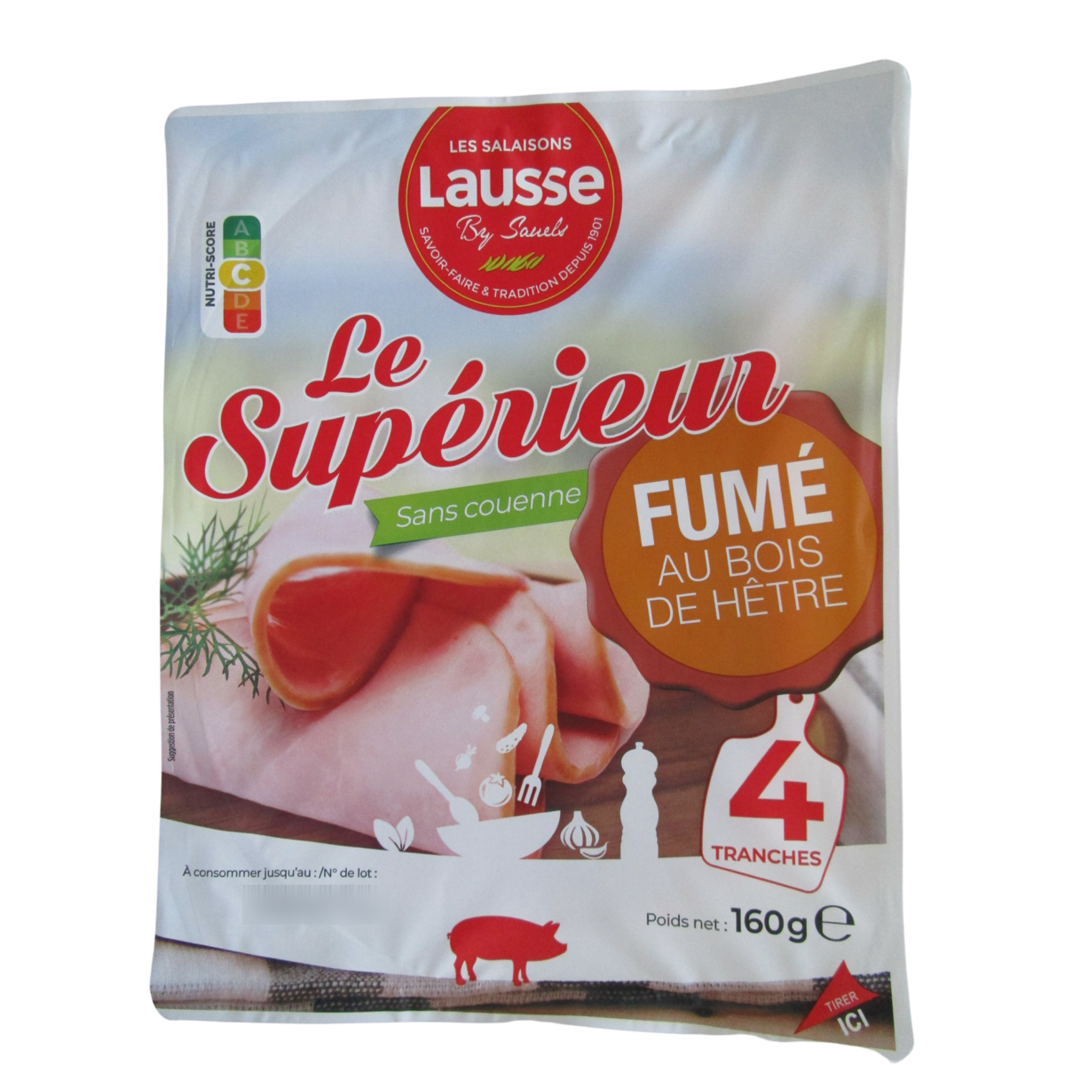 LES SALAISONS LAUSSE Jambon supérieur sans couenne fumé au bois de hêtre 4 tranches 160g
