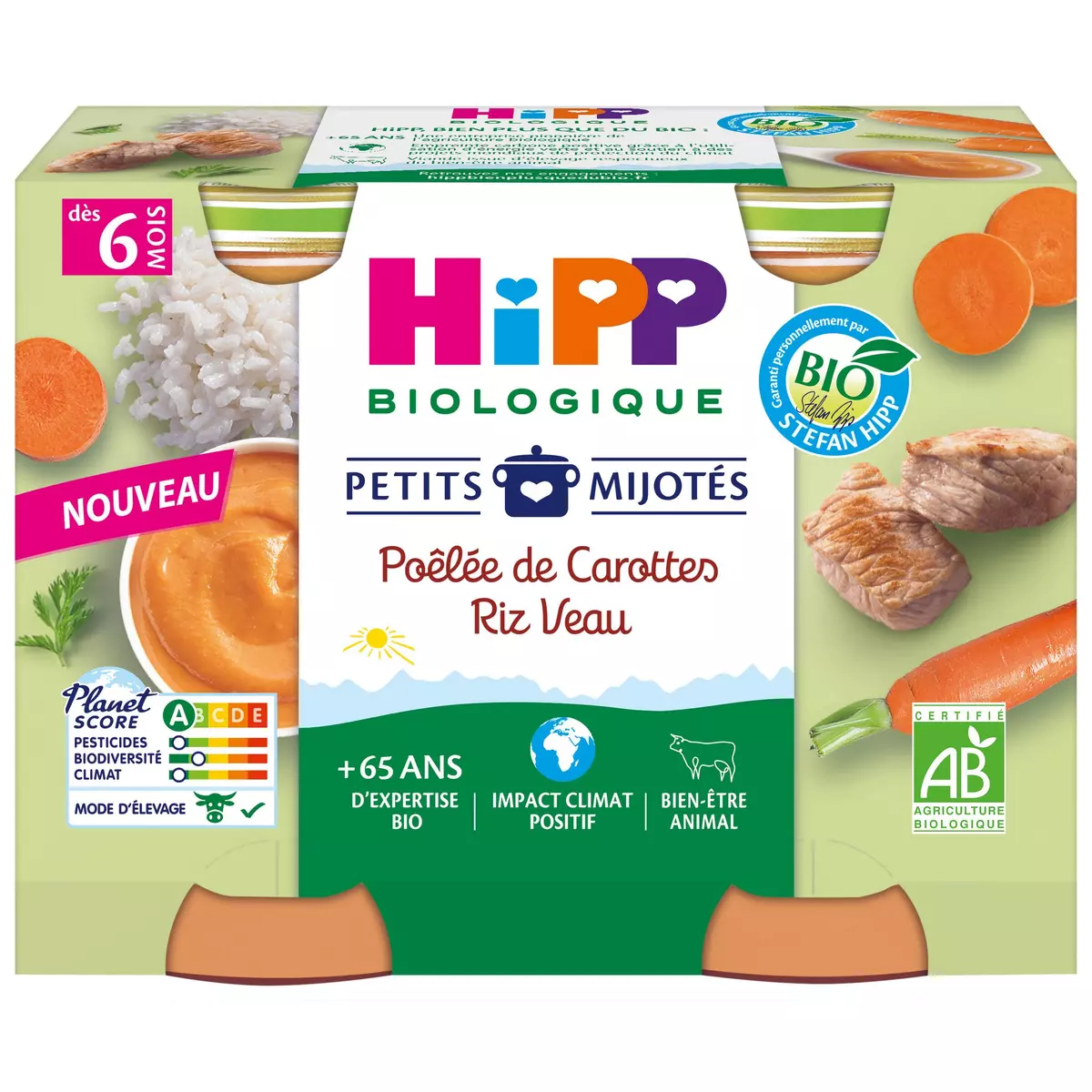 HIPP Petits mijotés petit pot poêlée de carottes riz veau bio dès 6 mois 2x190g