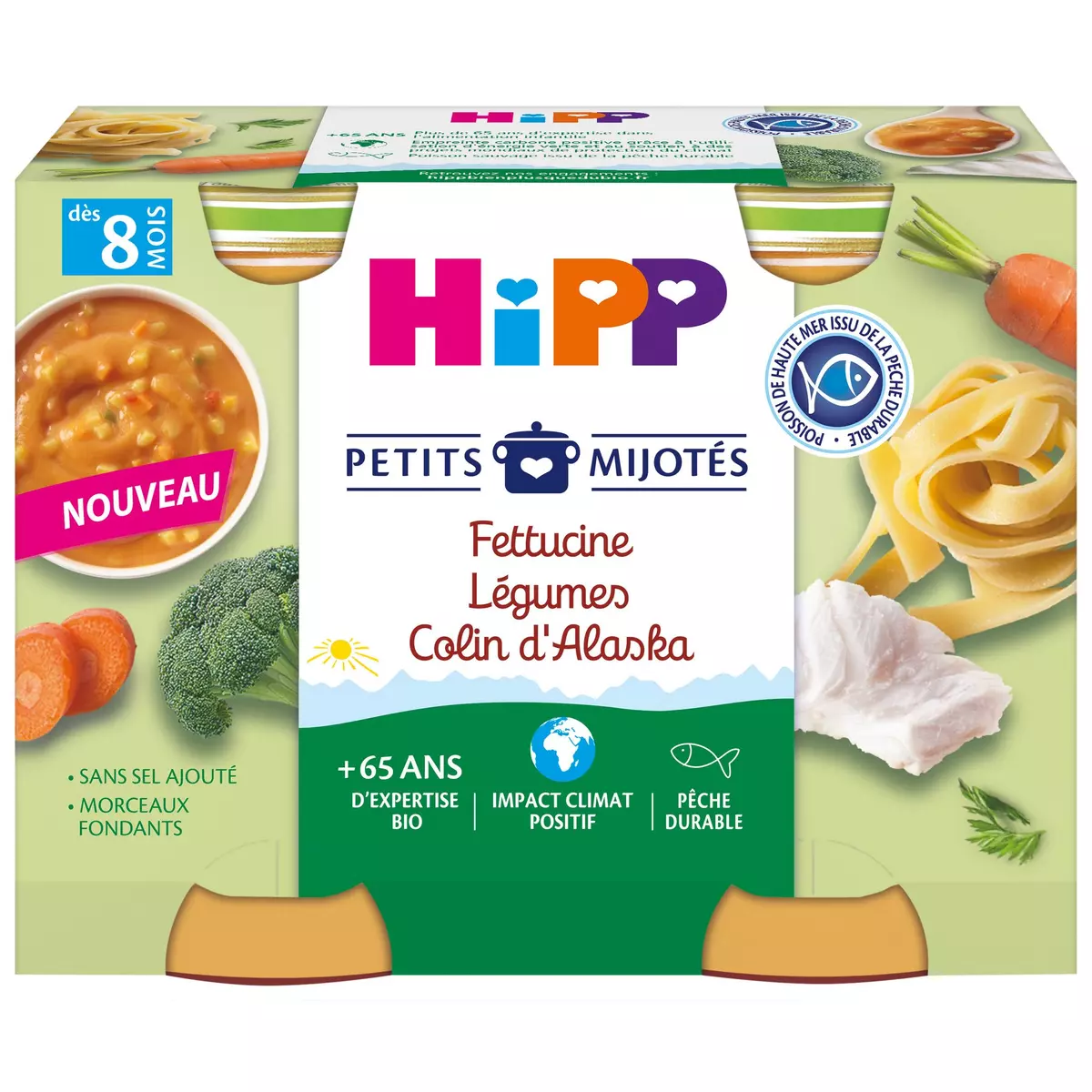 HIPP Petits mijotés petit pot fettucine légumes colin dès 8 mois 2x190g