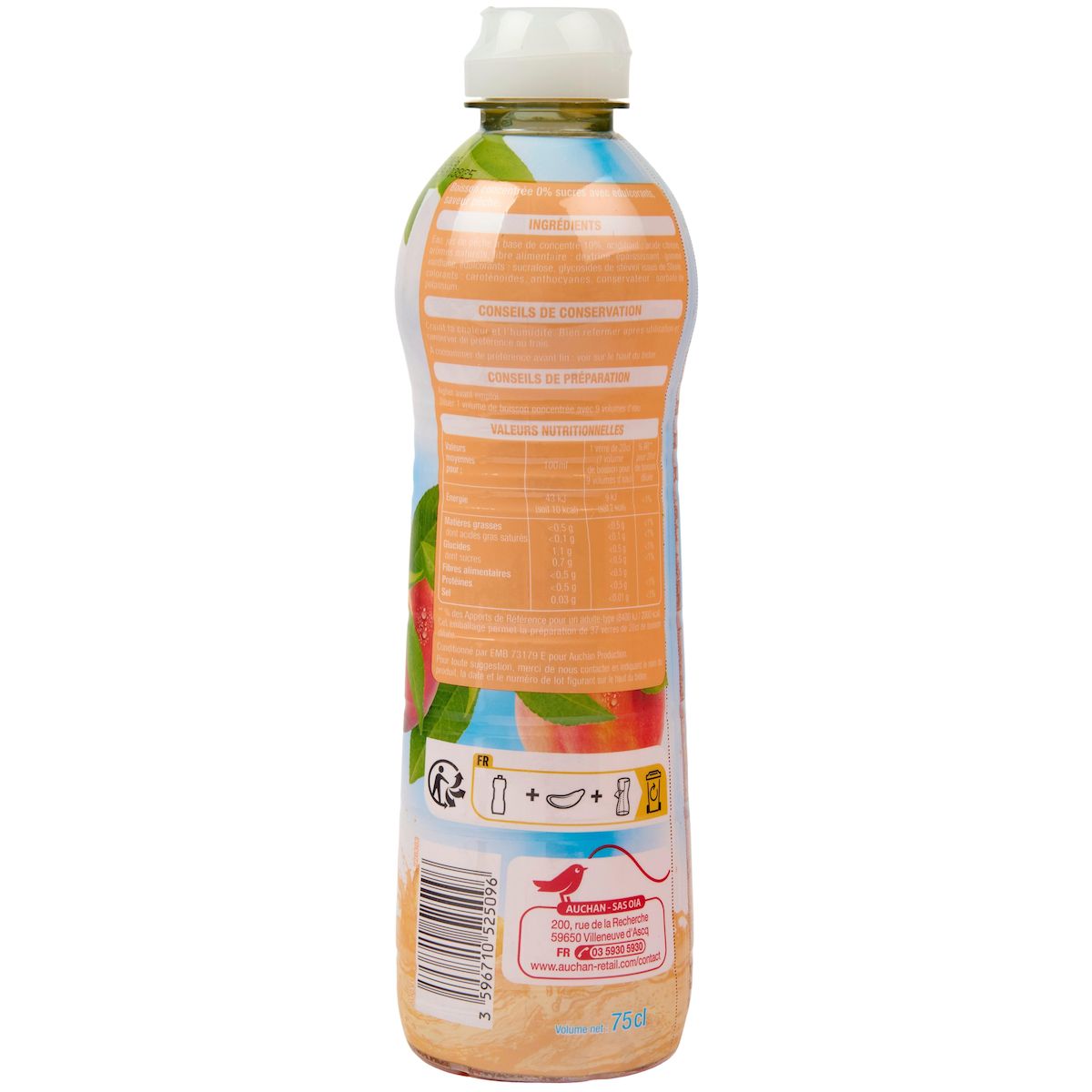 AUCHAN Sirop de pêche 0% sucres 75cl