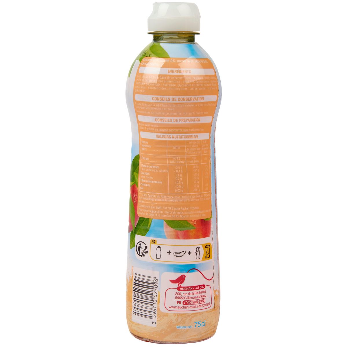 AUCHAN Sirop de pêche 0% sucres 75cl