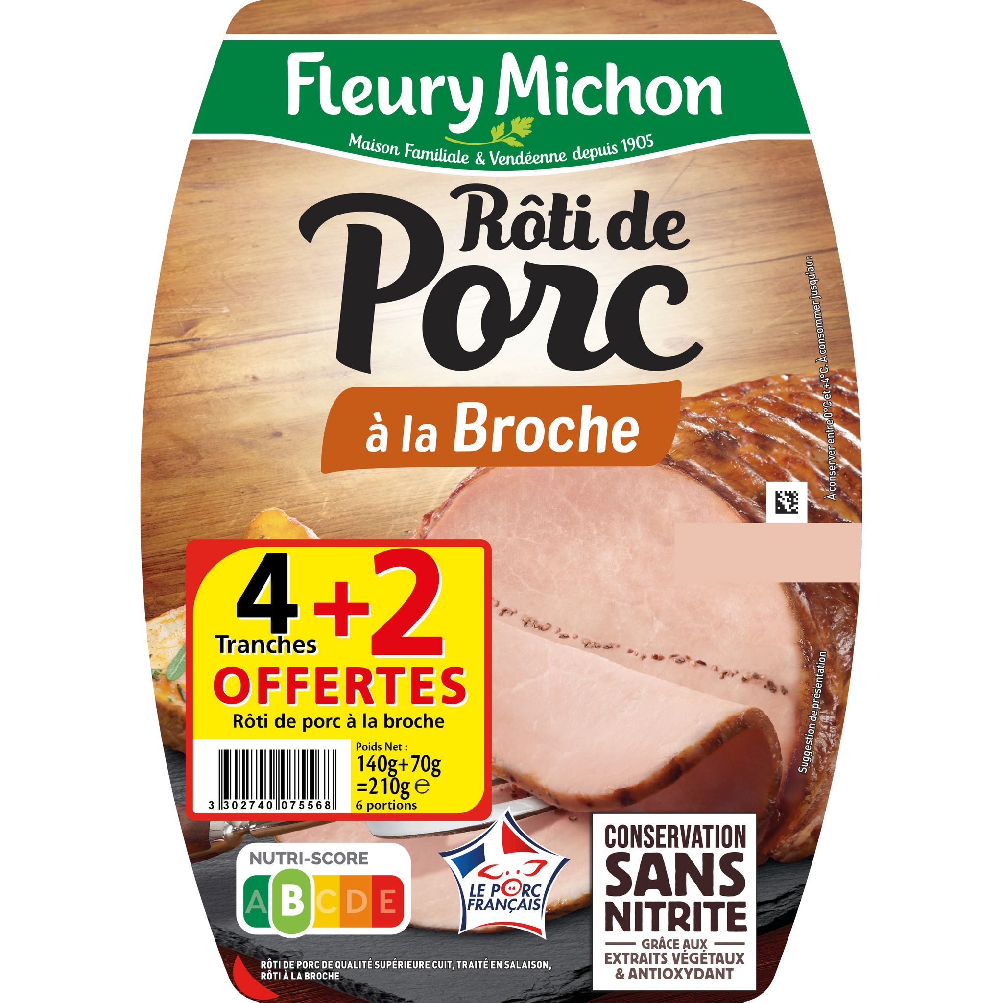 FLEURY MICHON Rôti de porc cuit à la broche en tranches sans nitrite 4 tranches + 2 offertes 210g