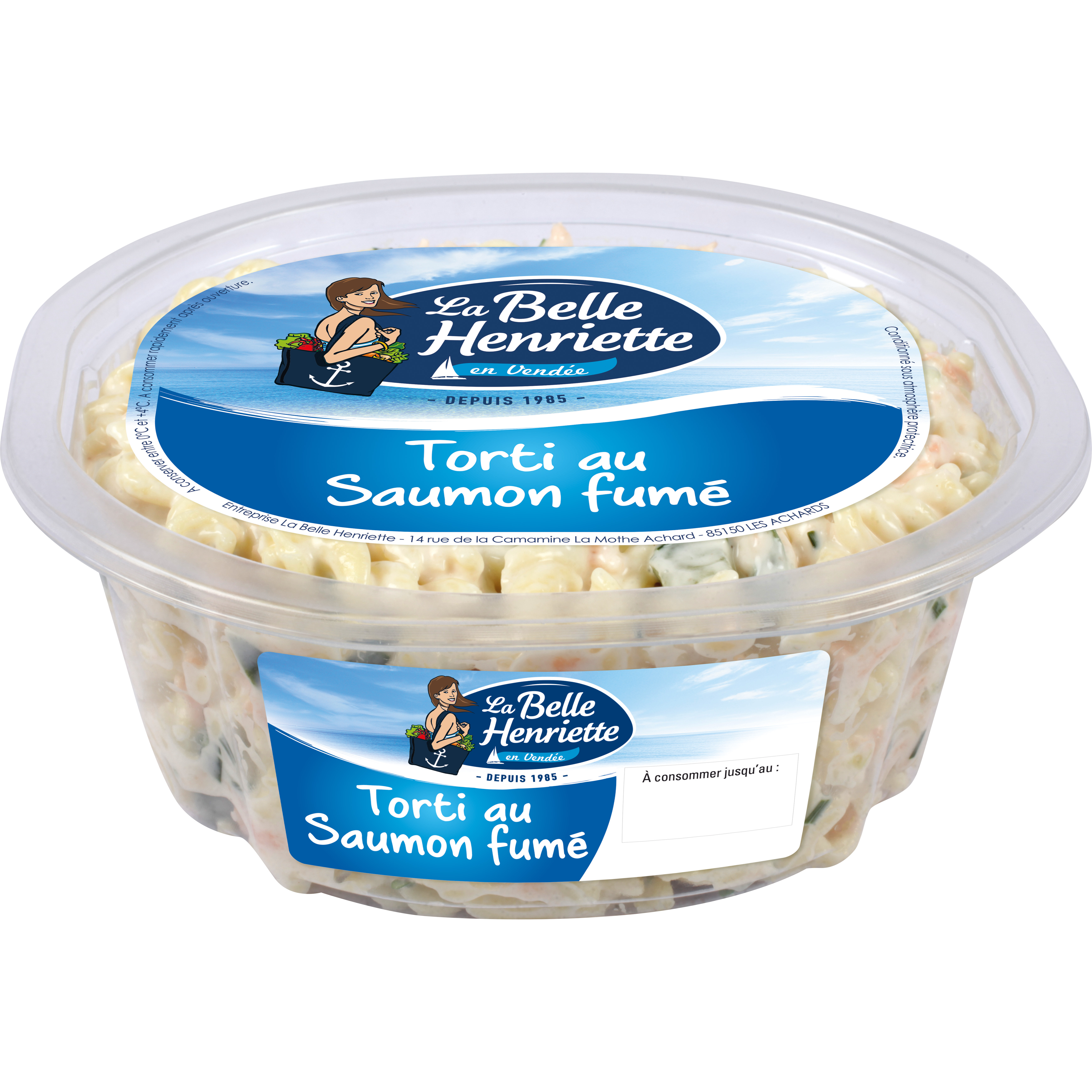 Voir la diapositive 2 : LA BELLE HENRIETTE Salade de torti au saumon fumé 300g