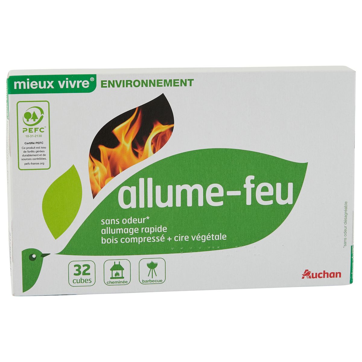 AUCHAN MIEUX VIVRE Allume-feux cubes au bois compressé et cire végétale sans odeur 32 cubes