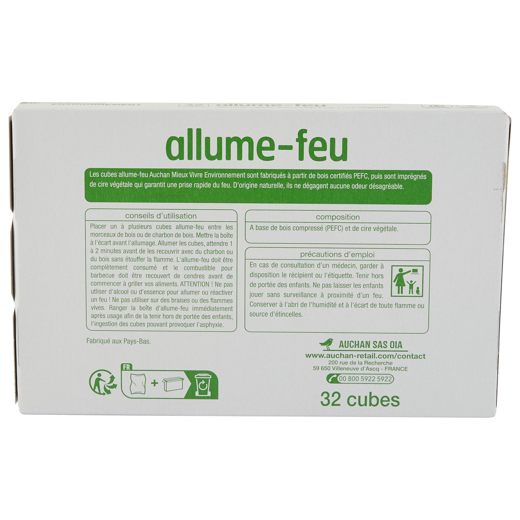 Voir la diapositive 2 : AUCHAN MIEUX VIVRE Allume-feux cubes au bois compressé et cire végétale sans odeur 32 cubes