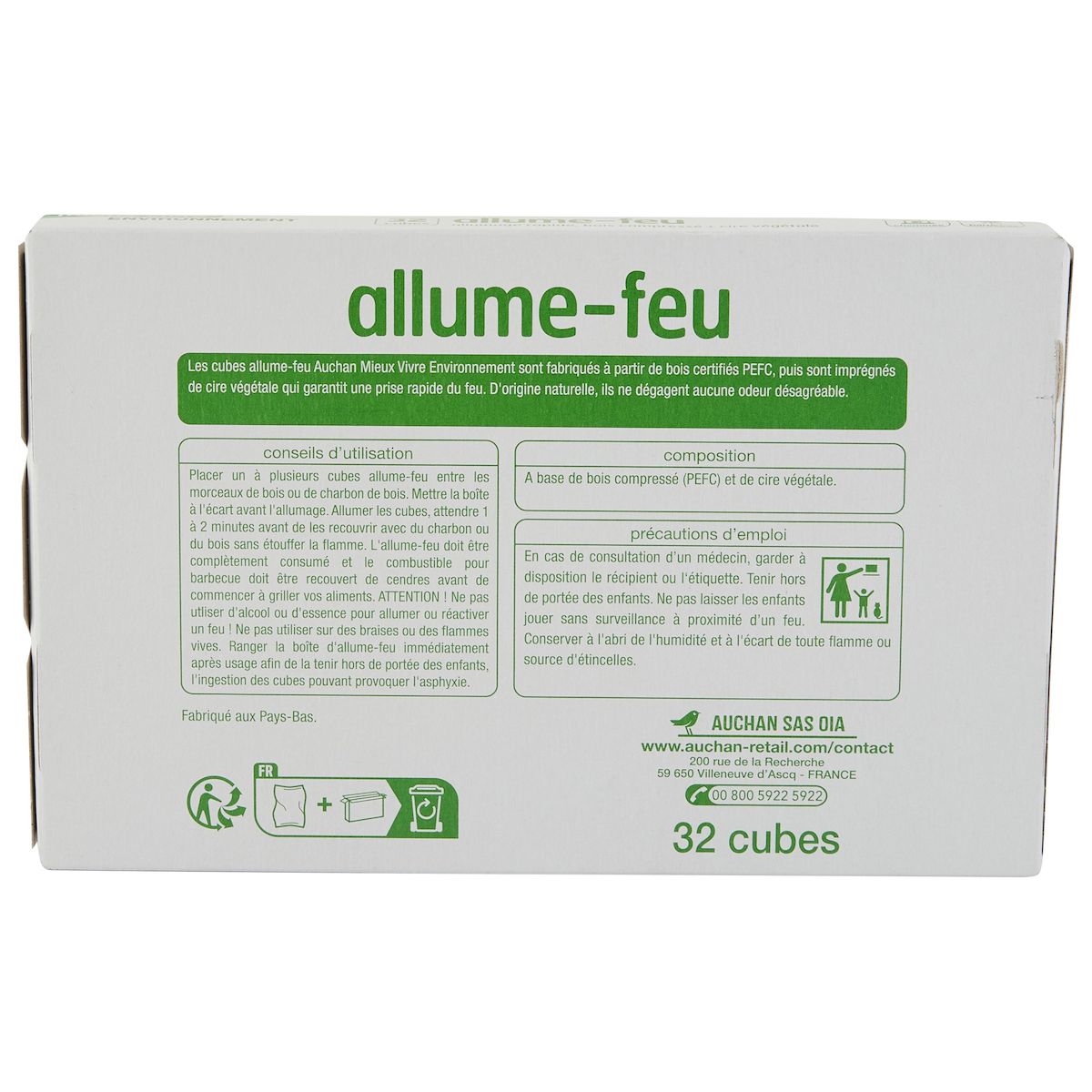 AUCHAN MIEUX VIVRE Allume-feux cubes au bois compressé et cire végétale sans odeur 32 cubes